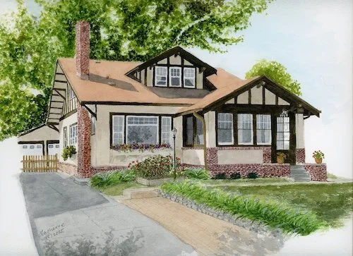 Watercolor painting of a house with a front porch, chimney, and lush green lawn, surrounded by trees.