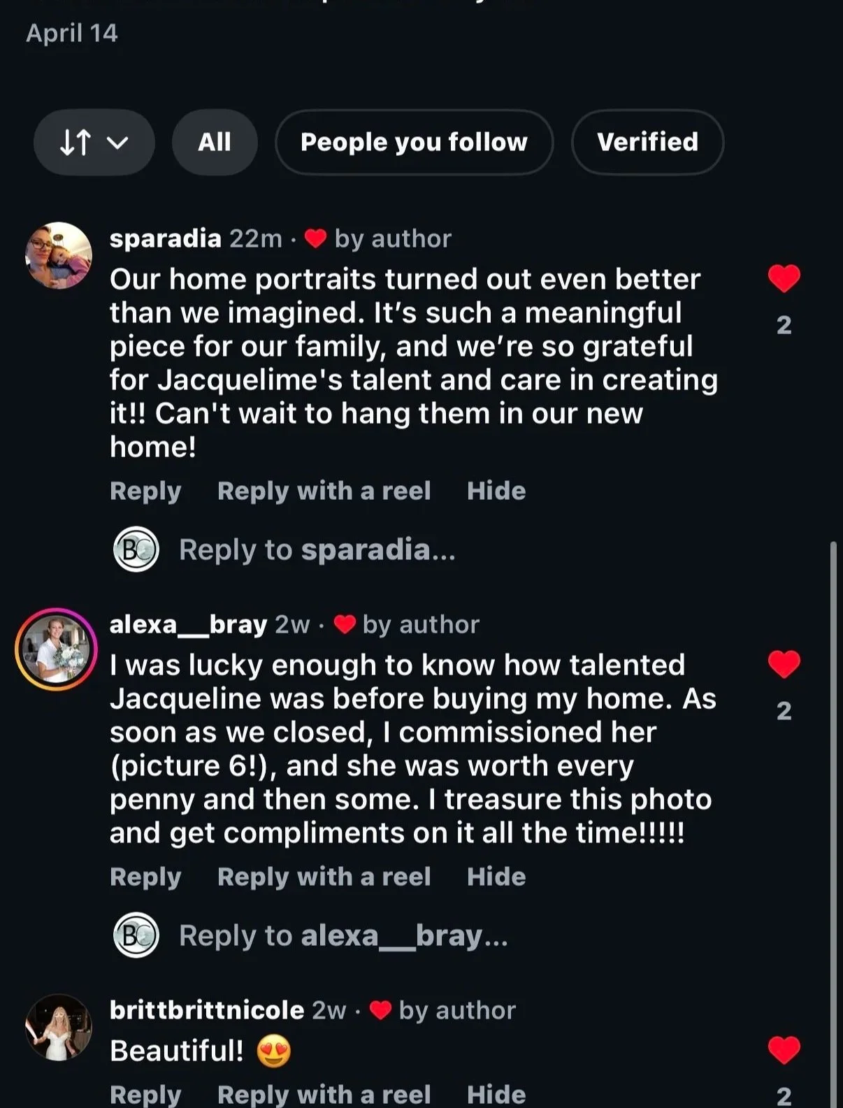 Screenshot of a social media comment section with posts praising home portraits, including comments from users sparadia, alexa___bray, and brittbrittnicole.