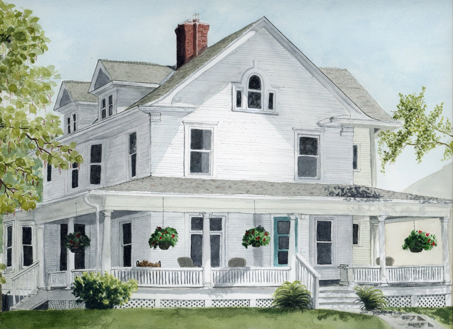 Watercolor painting of a large white two-story house with a wraparound porch, hanging flower baskets, and a front lawn with bushes and trees.