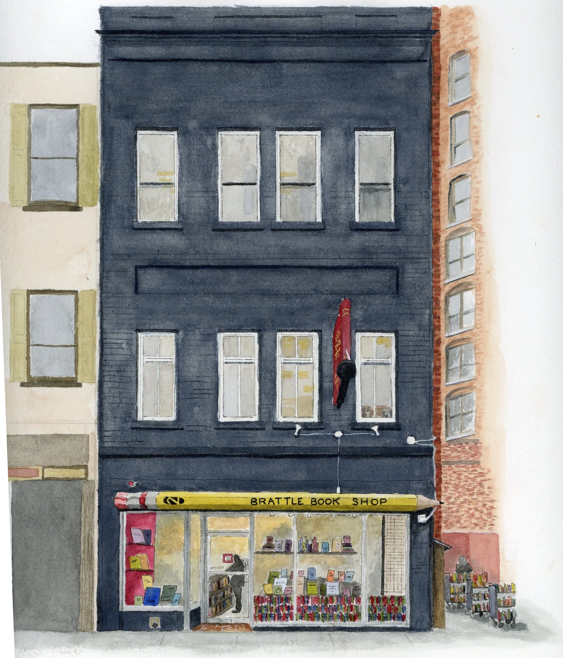 A watercolor painting of a bookstore storefront labeled 'BRATTLE BOOK SHOP'. The storefront features large windows displaying books and signs, with a yellow banner above the entrance. There are bookshelves visible inside through the glass windows, an