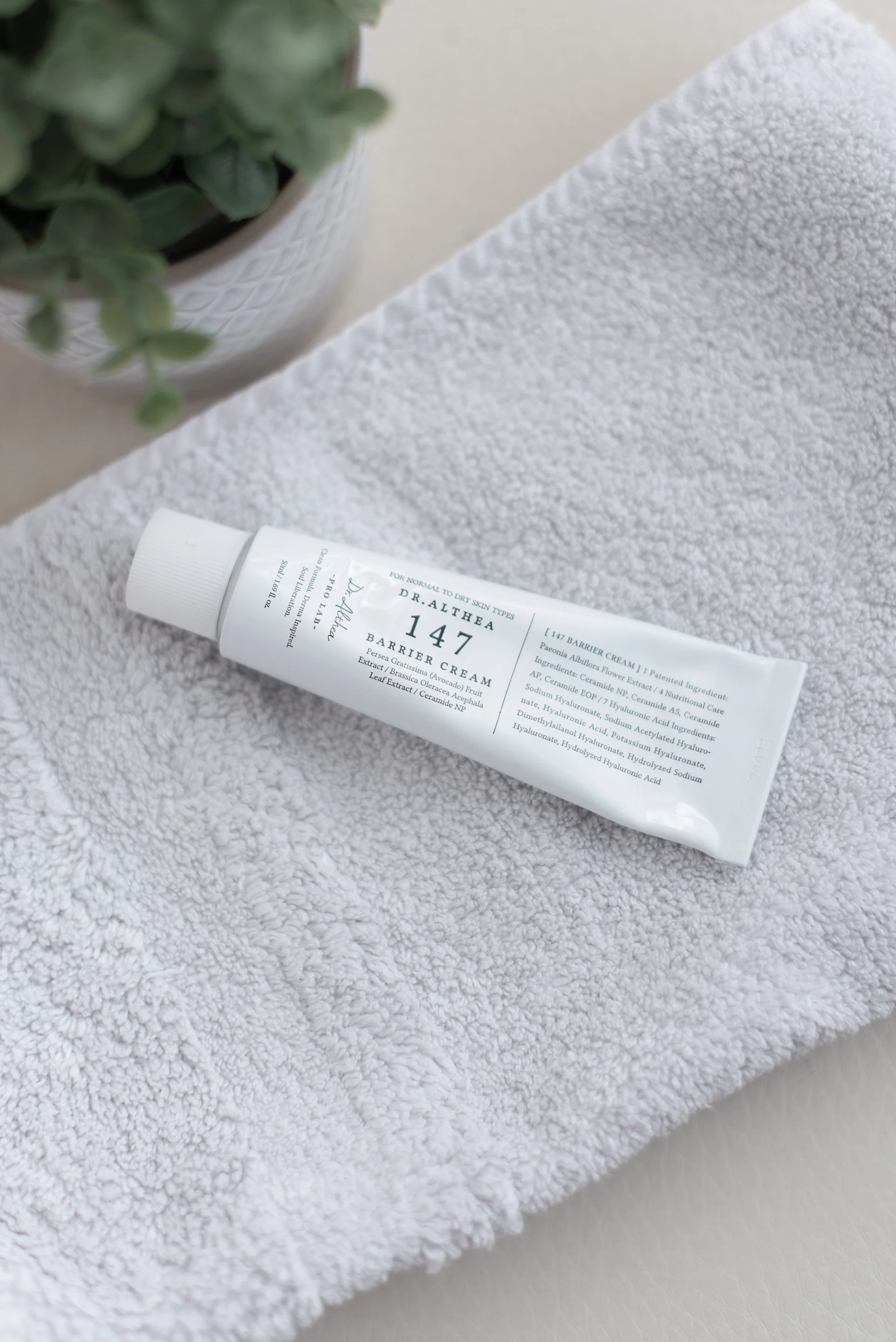 Dr. Althea 147 Barrier Cream for normal to dry skin on a white towel
