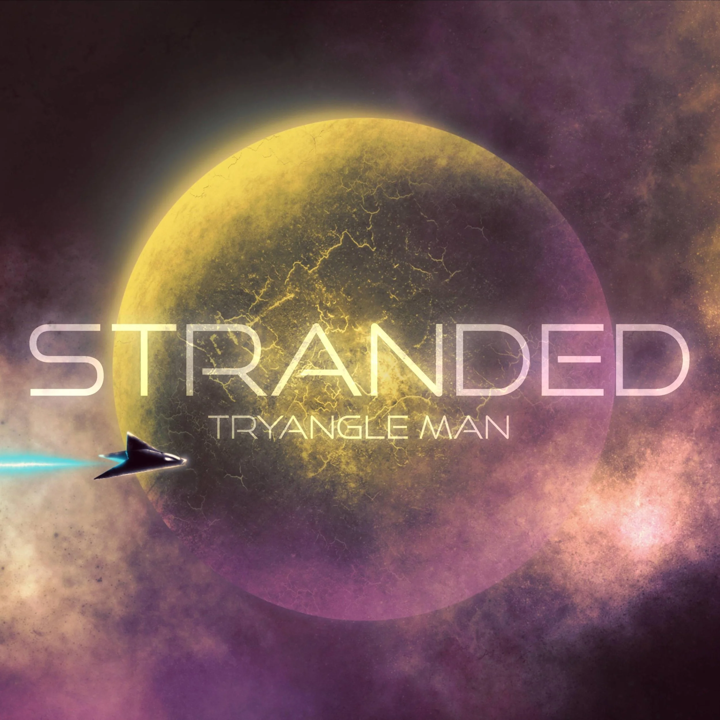 A space scene with a spaceship flying towards a large, glowing yellow planet with cracks. The background is filled with purple and orange clouds and stars. The text 'STRANDED' is centered over the planet, with 'TRYANGLE MAN' below it.