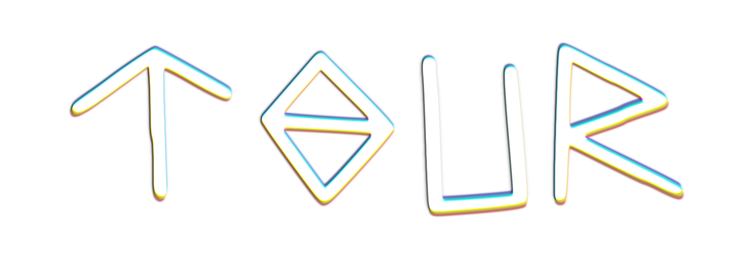 Neon sign spelling out 'TOUR' in colorful lights against a black background.