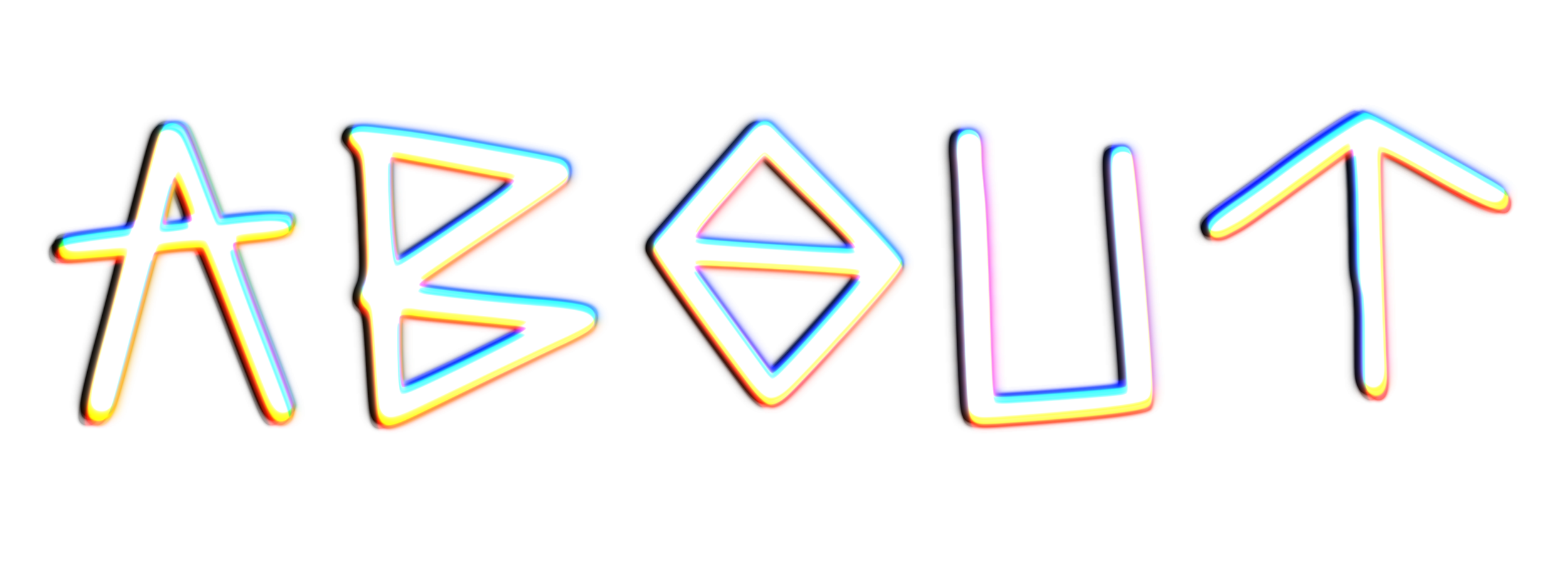 Colorful neon sign spelling 'ABOUT' with bright, glowing outlines and a black background.