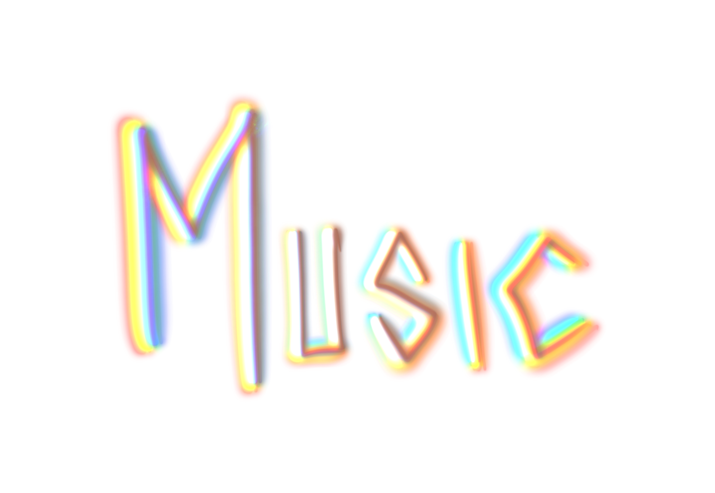 Colorful neon sign displaying the word 'MUSIC' with bright, glowing letters against a black background.