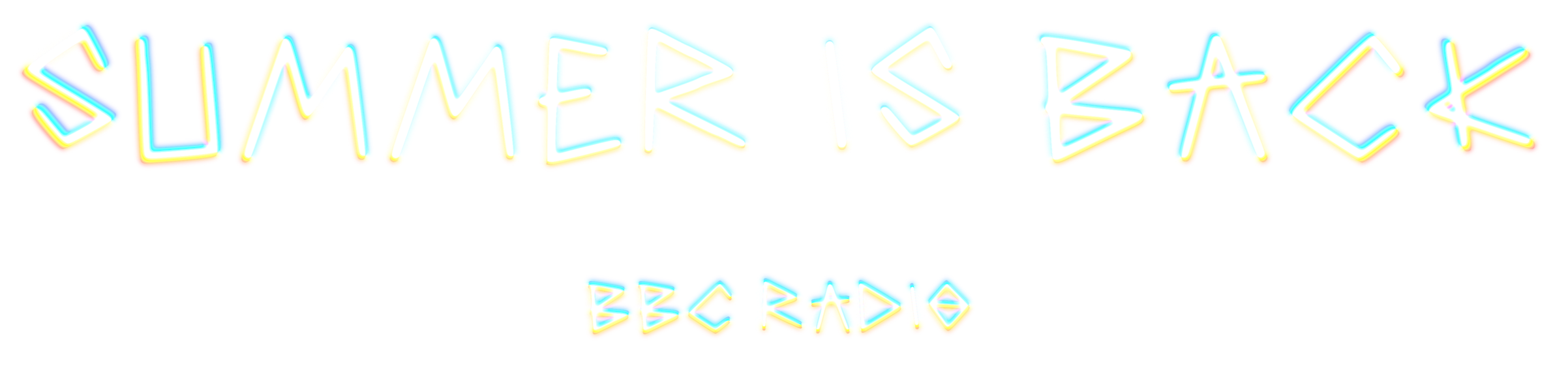 Colorful neon sign that says 'SUMMER IS BACK' with a blue background and horizontal pink, white, and red stripes underneath.