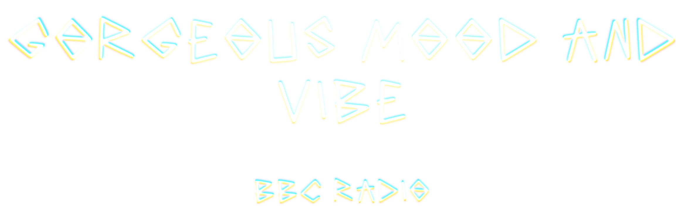 Colorful neon sign reading 'GORGEOUS MOOD VIBE BBC RADIO' with a vibrant background of vertical stripes in red, yellow, blue, black, and orange.