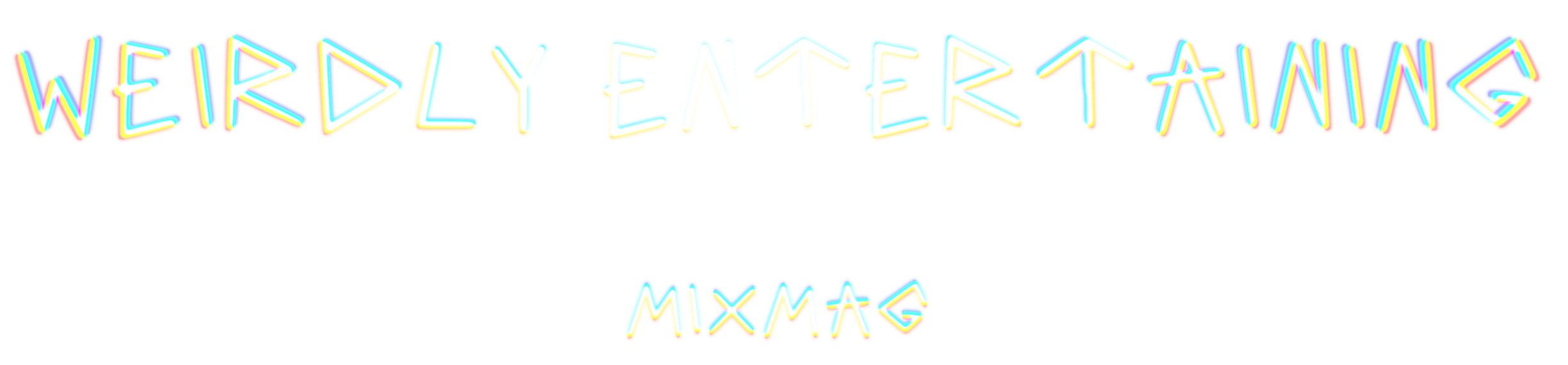 Colorful, distorted glitch text reading "WEIRDLY ENTERTAINING MIXMAG" with a red background and rainbow borders.