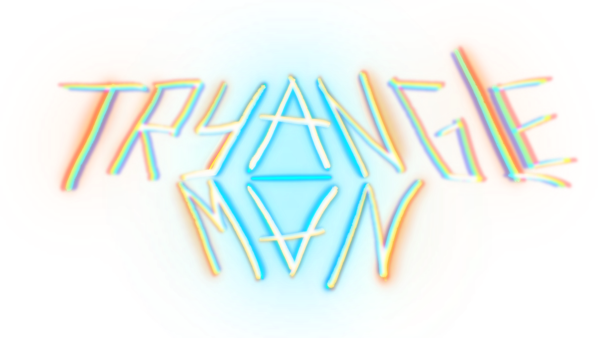 Colorful neon sign with the words "TRYANGLE" and "MAN" written in bright, glowing letters, with a geometric symbol in the middle, resembling a diamond or a crystal.