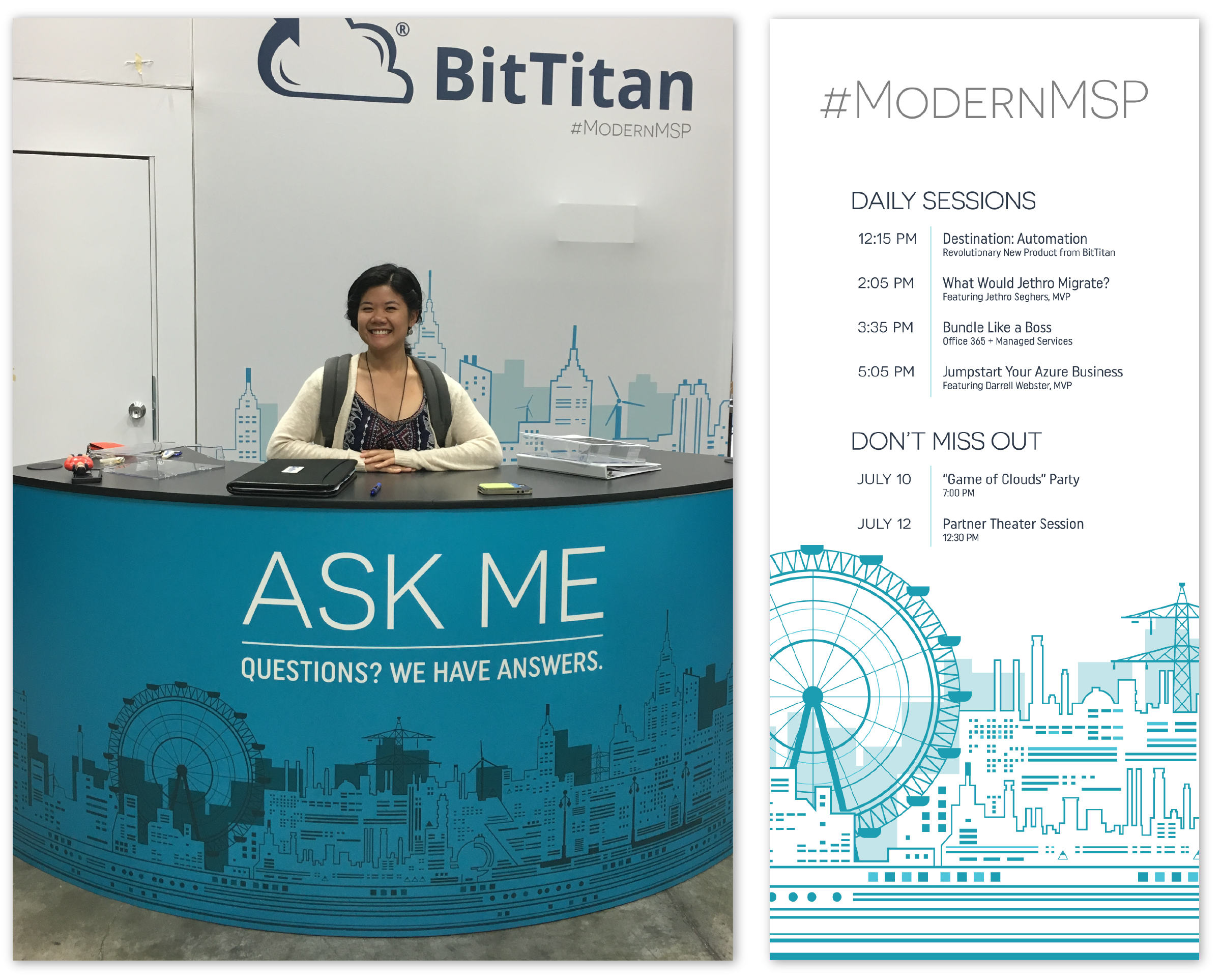 Posing at the Help Desk during our visit with Skyline Exhibits before packing and shipping the booth to Toronto Canada