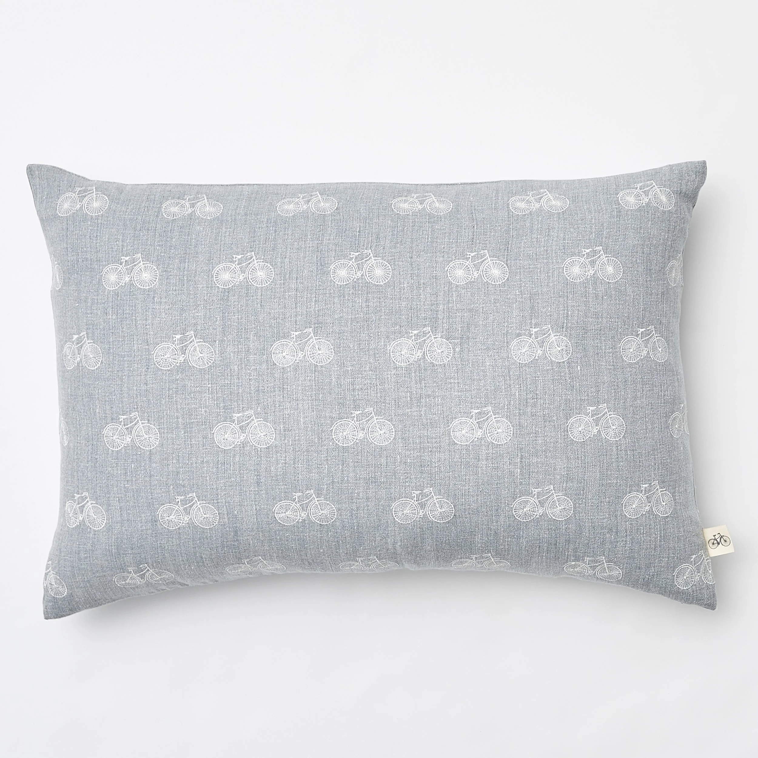 Embroidered White Freedom Bicycles on Heather Light Blue Belgium Linen Lumbar Pillow