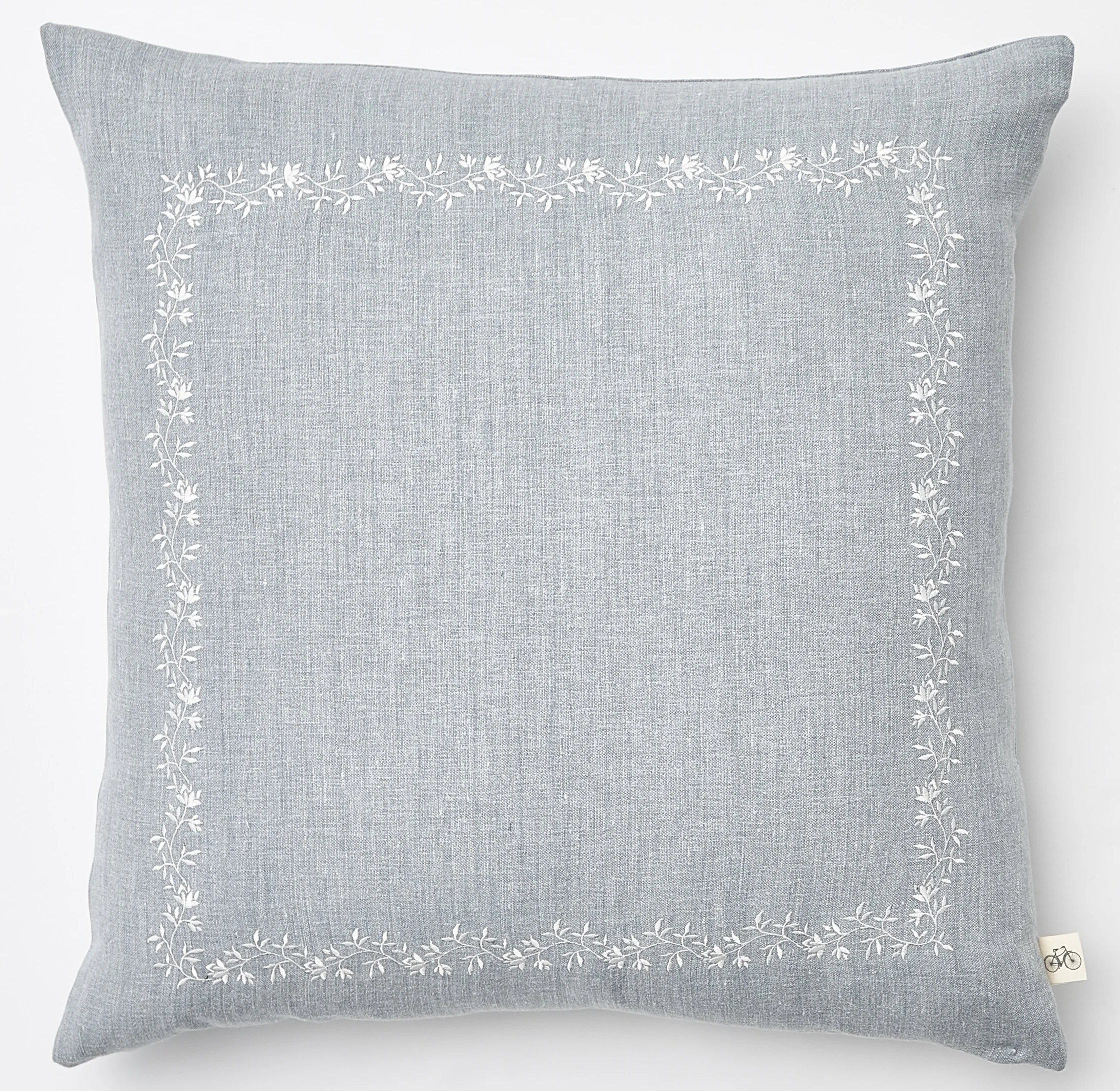 Embroidered White Cape Cod Frame on Light Blue Heathered Belgium Linen Pillow