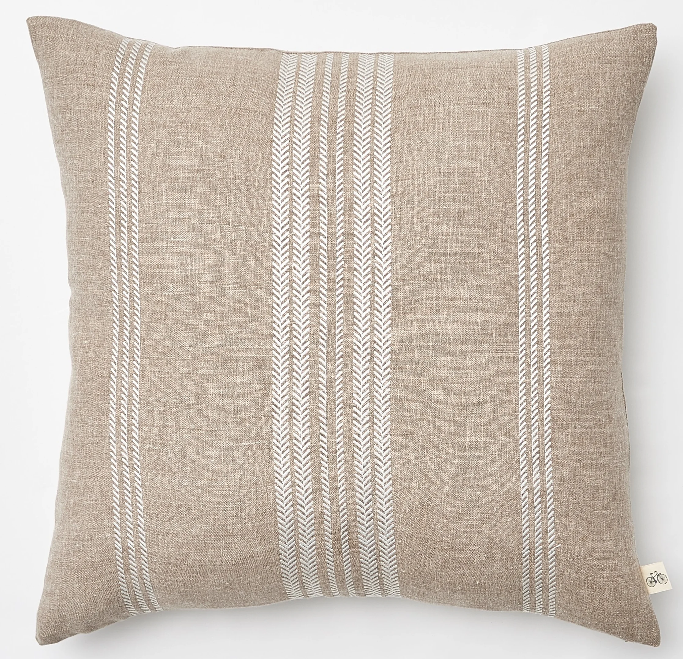 Embroidered White Herringbone Stripe on Heathered Natural Belgium Linen Pillow