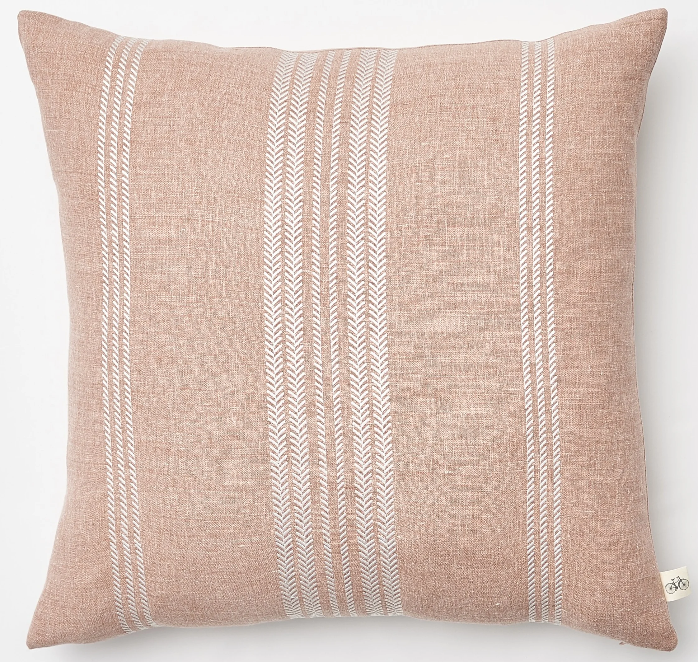 Embroidered White Herringbone Stripe on Heathered Apricot Belgium Linen Pillow