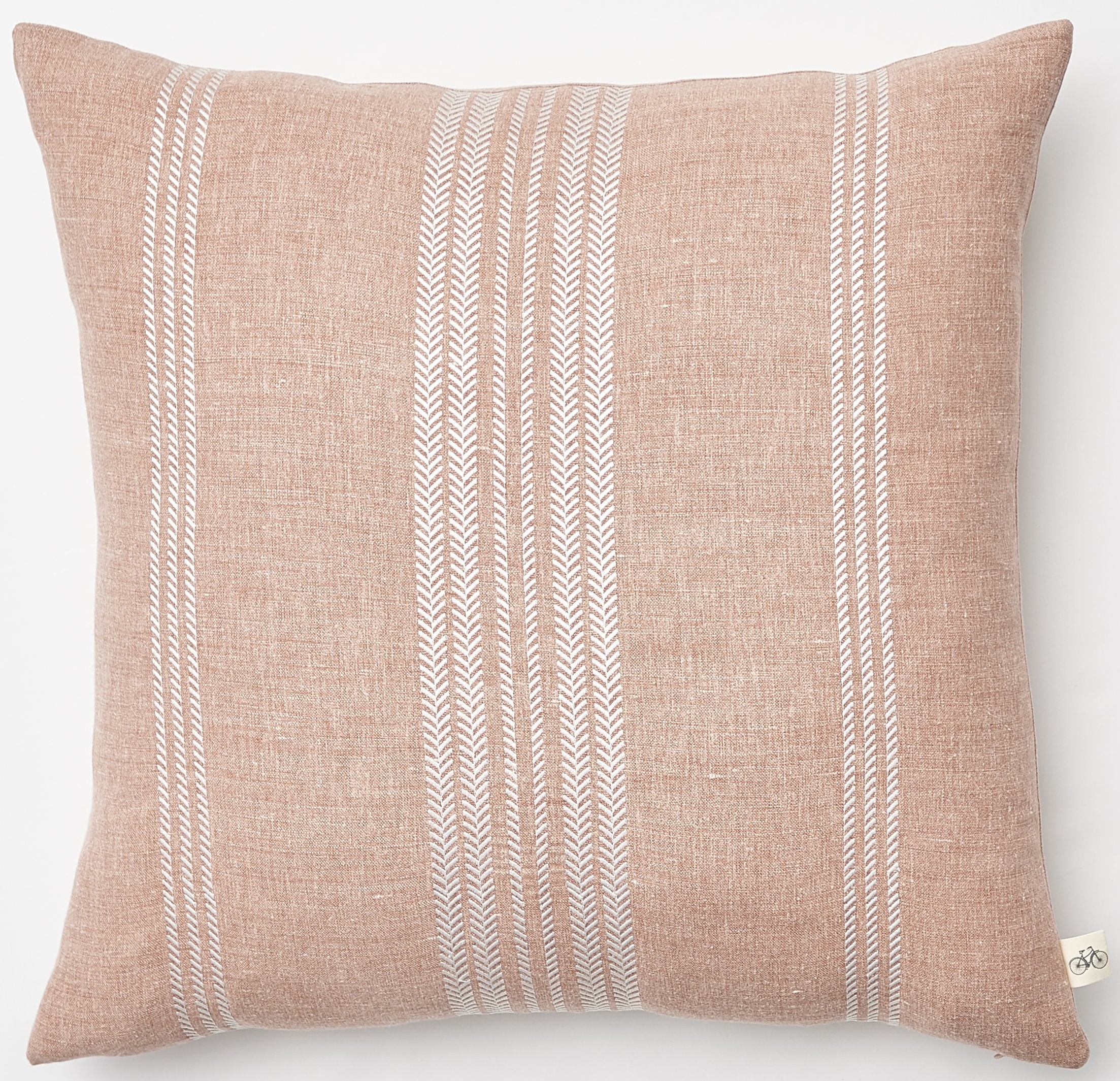 Embroidered White Herringbone Stripe on Heathered Apricot Belgium Linen Pillow