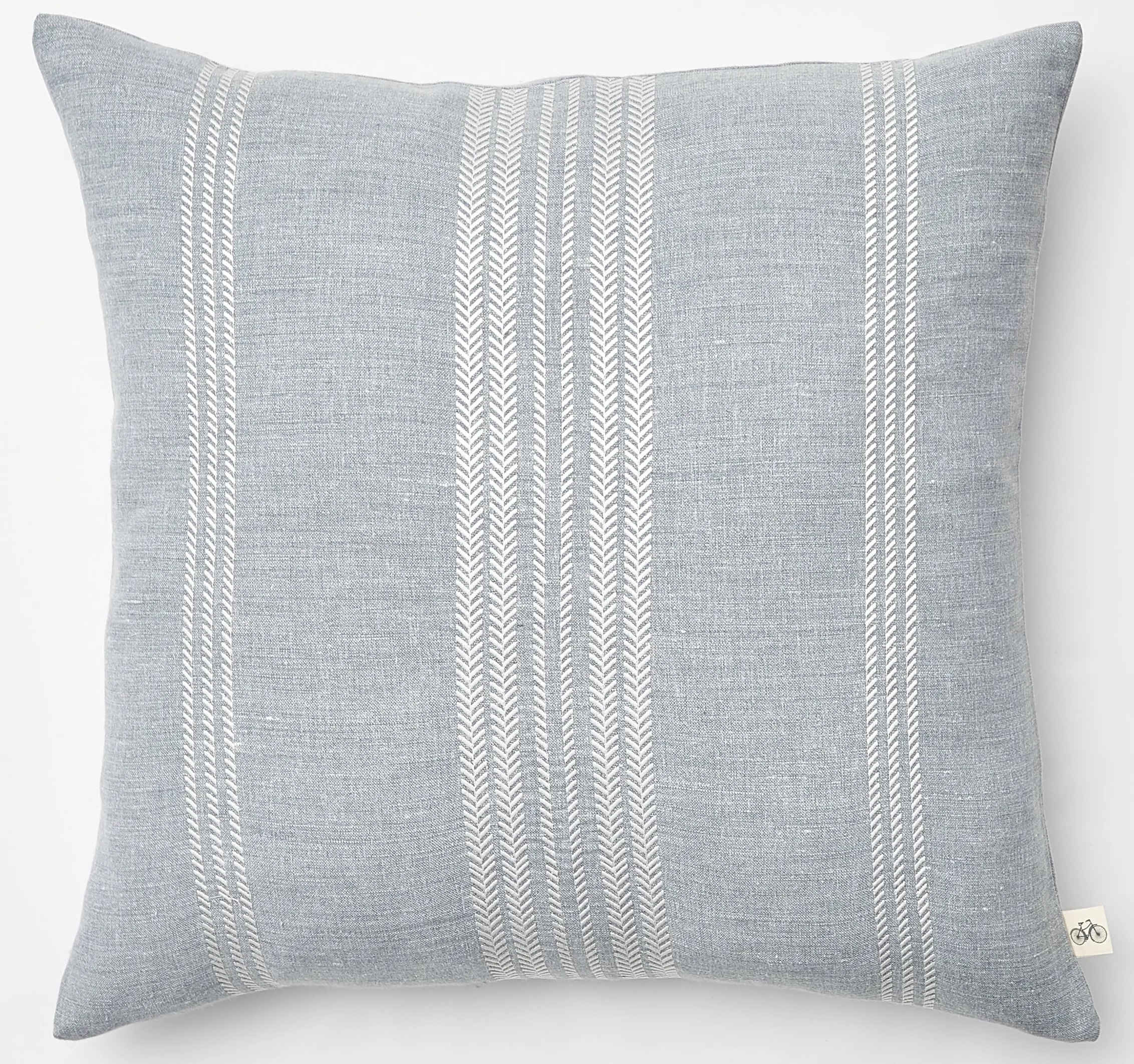 Embroidered White Herringbone Stripe on Heathered Light Blue Belgium Linen Pillow