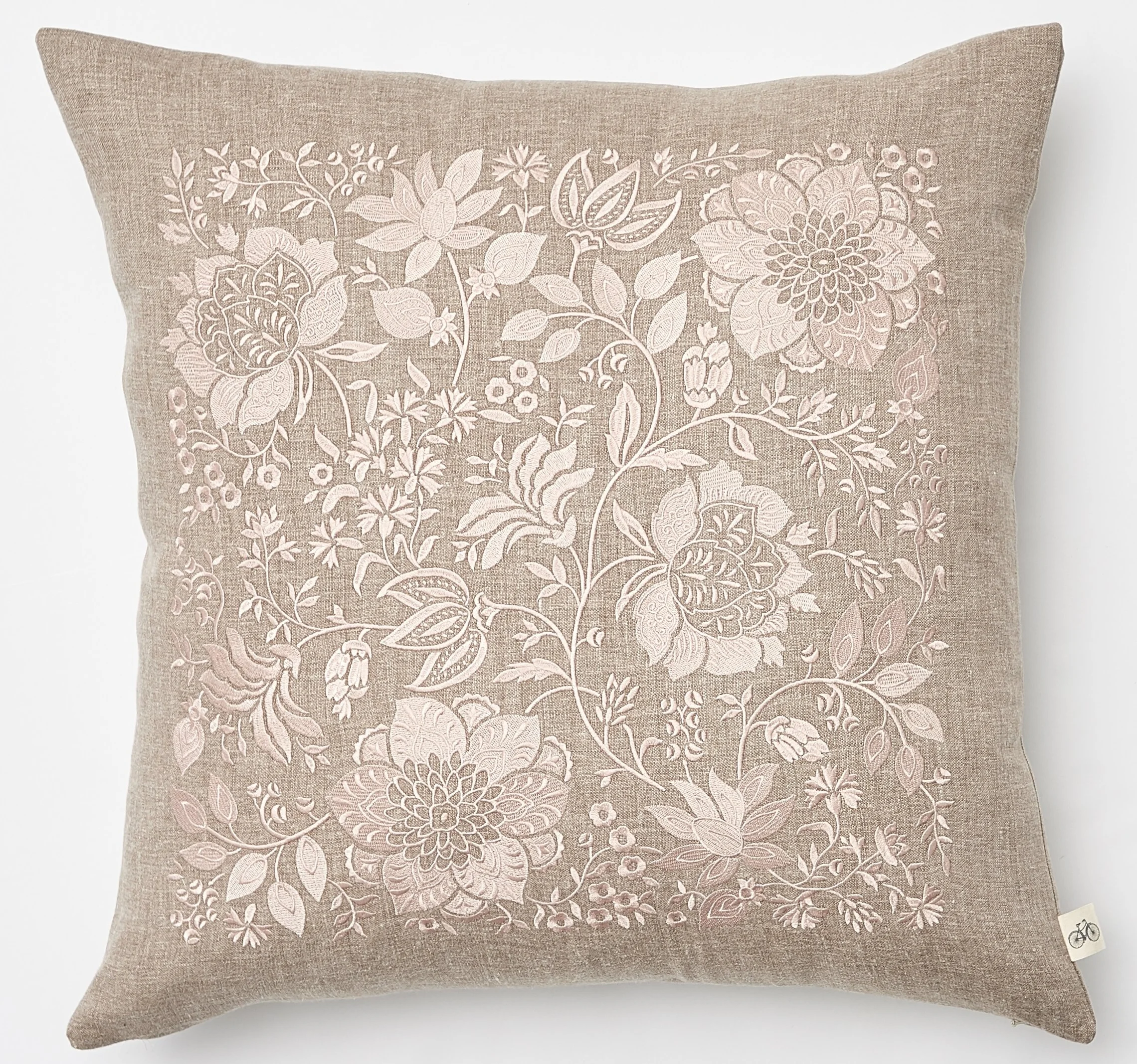 Embroidered Cape Cod Floral in Soft Blush on Natural Heathered Belgium Linen Pillow