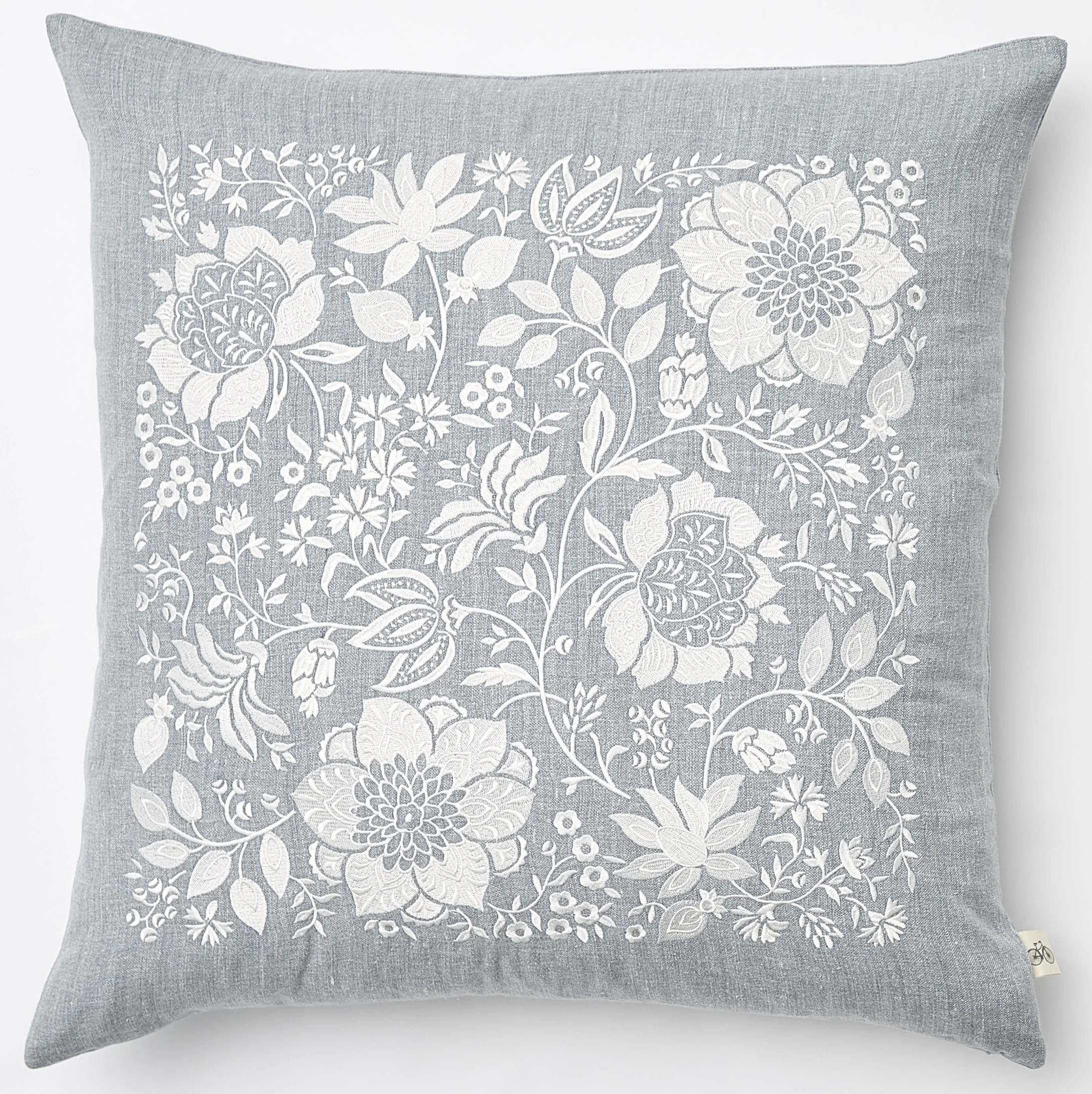Embroidered Cape Cod Floral in Soft White on Light Blue Heathered Belgium Linen Pillow