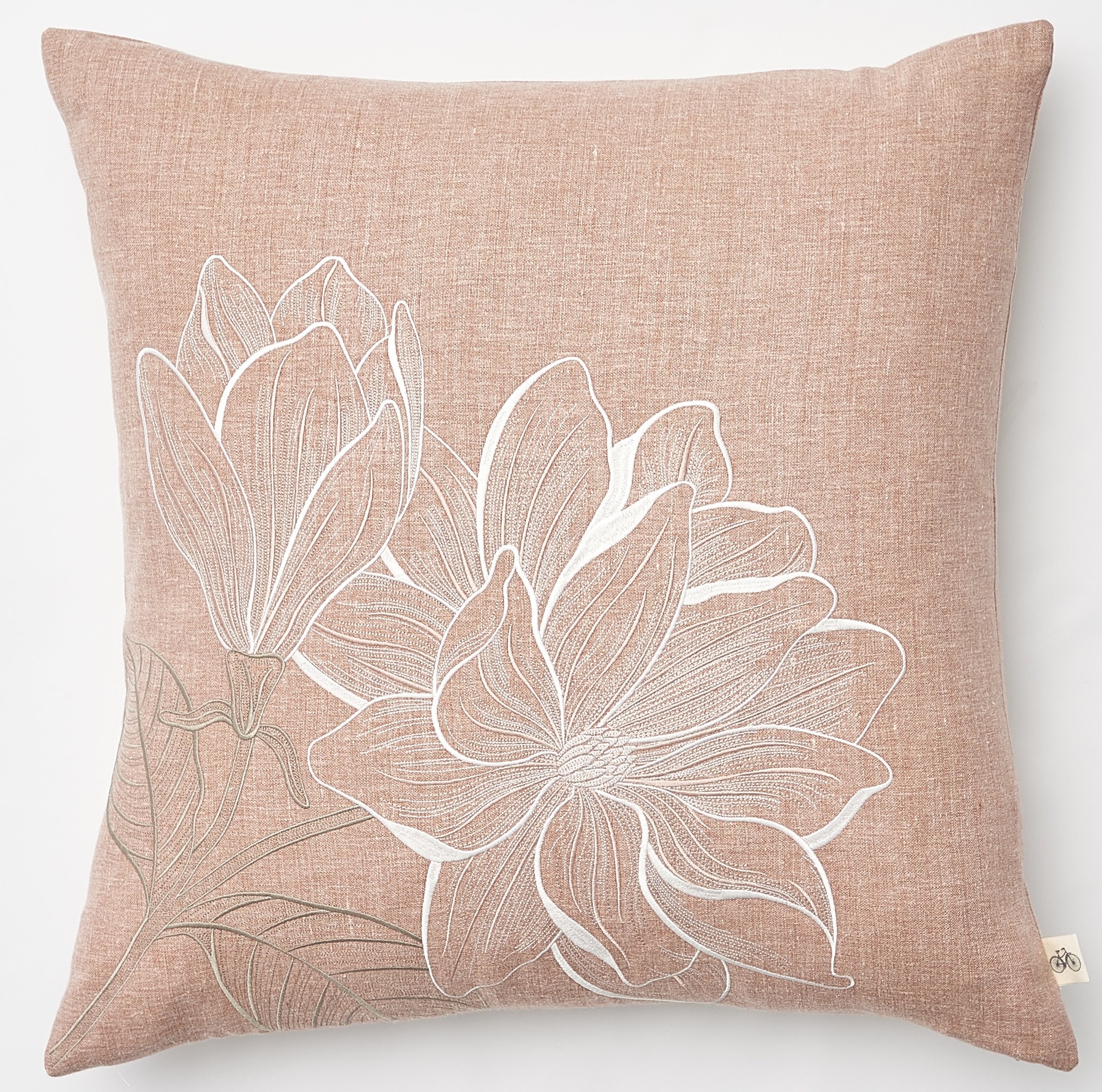 Embroidered Magnolia on Heathered Apricot Belgium Linen Pillow