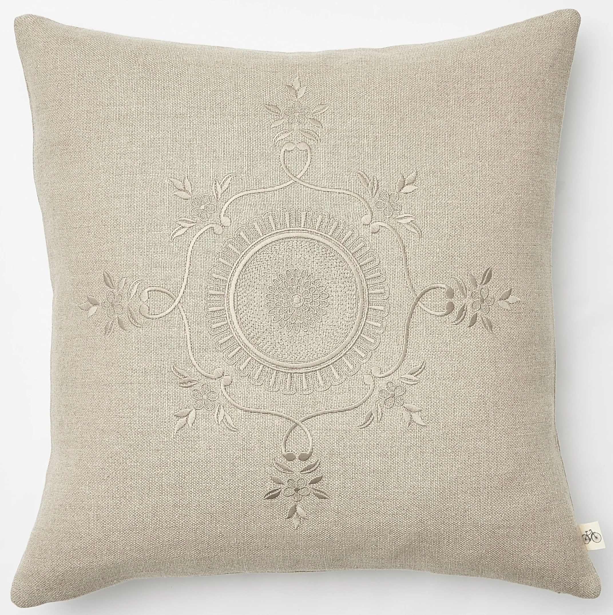 Tonal Embroidered Circle Medallion on Natural Basketweave Belgium Linen Pillow