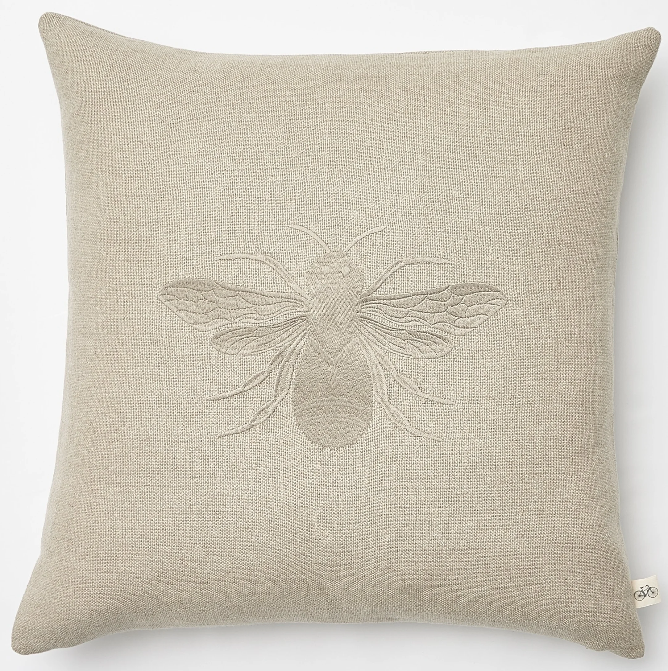Tonal Embroidered Queen Bee on Natural Basketweave Belgium Linen Pillow
