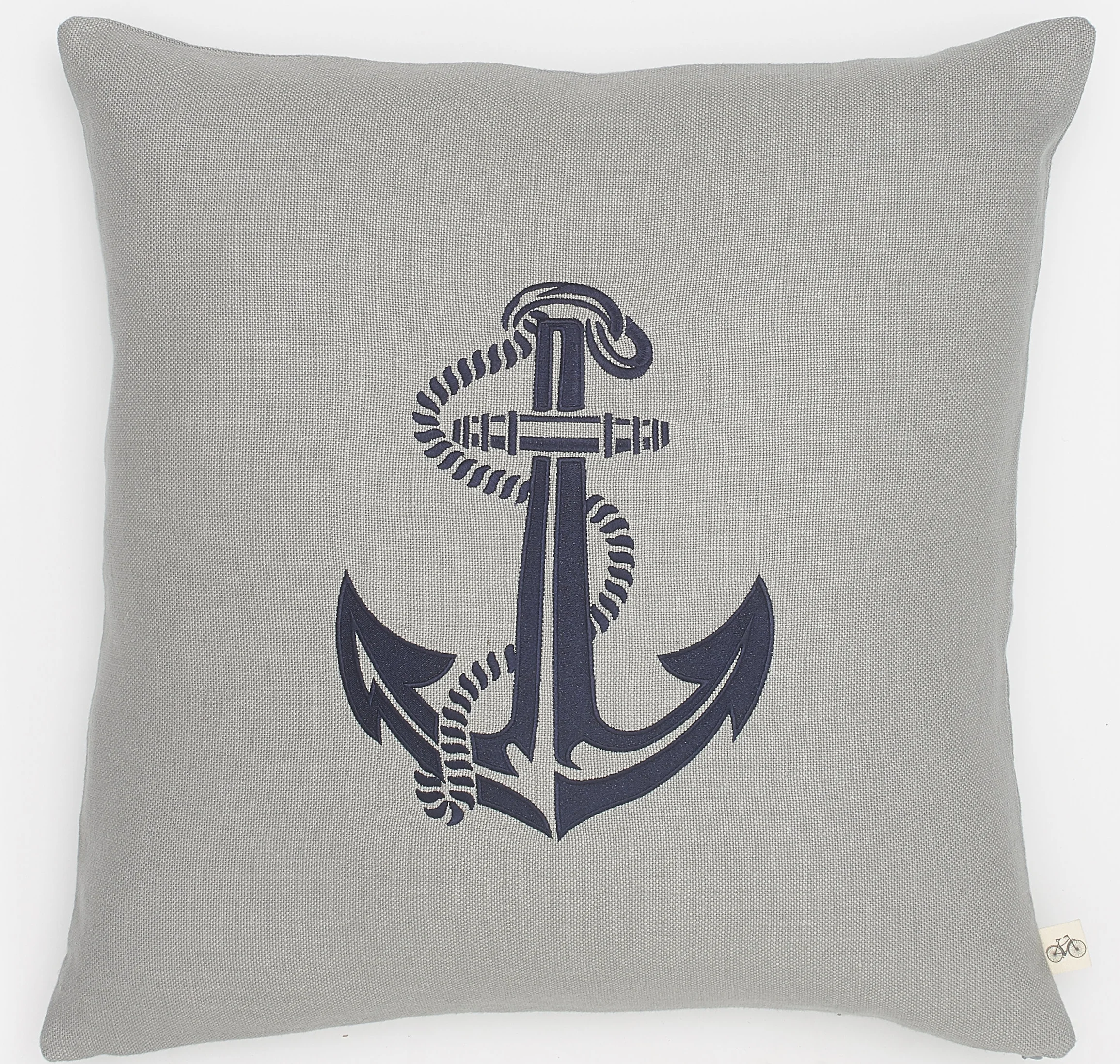 Embroidered Navy Anchor on Grey Basketweave Belgium Linen Pillow