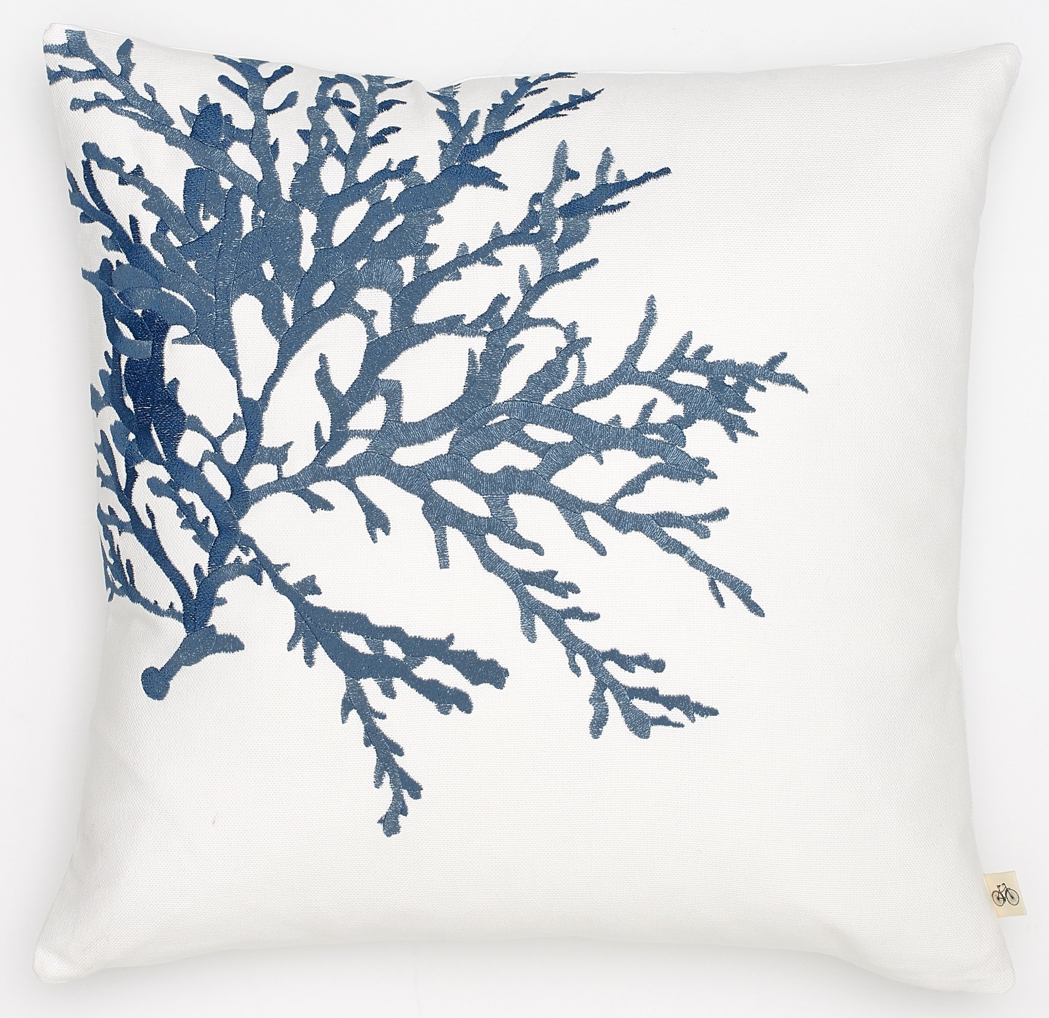 Embroidered Slate Blue Coral on White Basketweave Belgium Linen Pillow