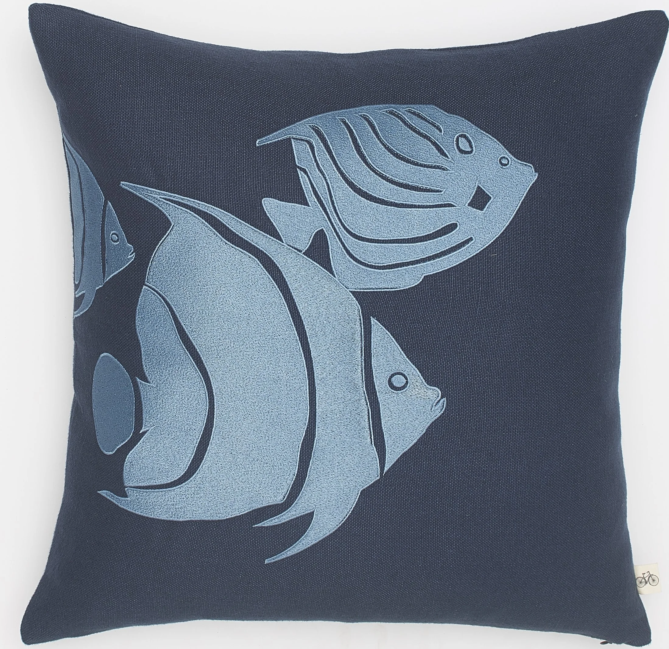 Embroidered Slate Blue Tropical Fish on Navy Basketweave Belgium Linen Pillow