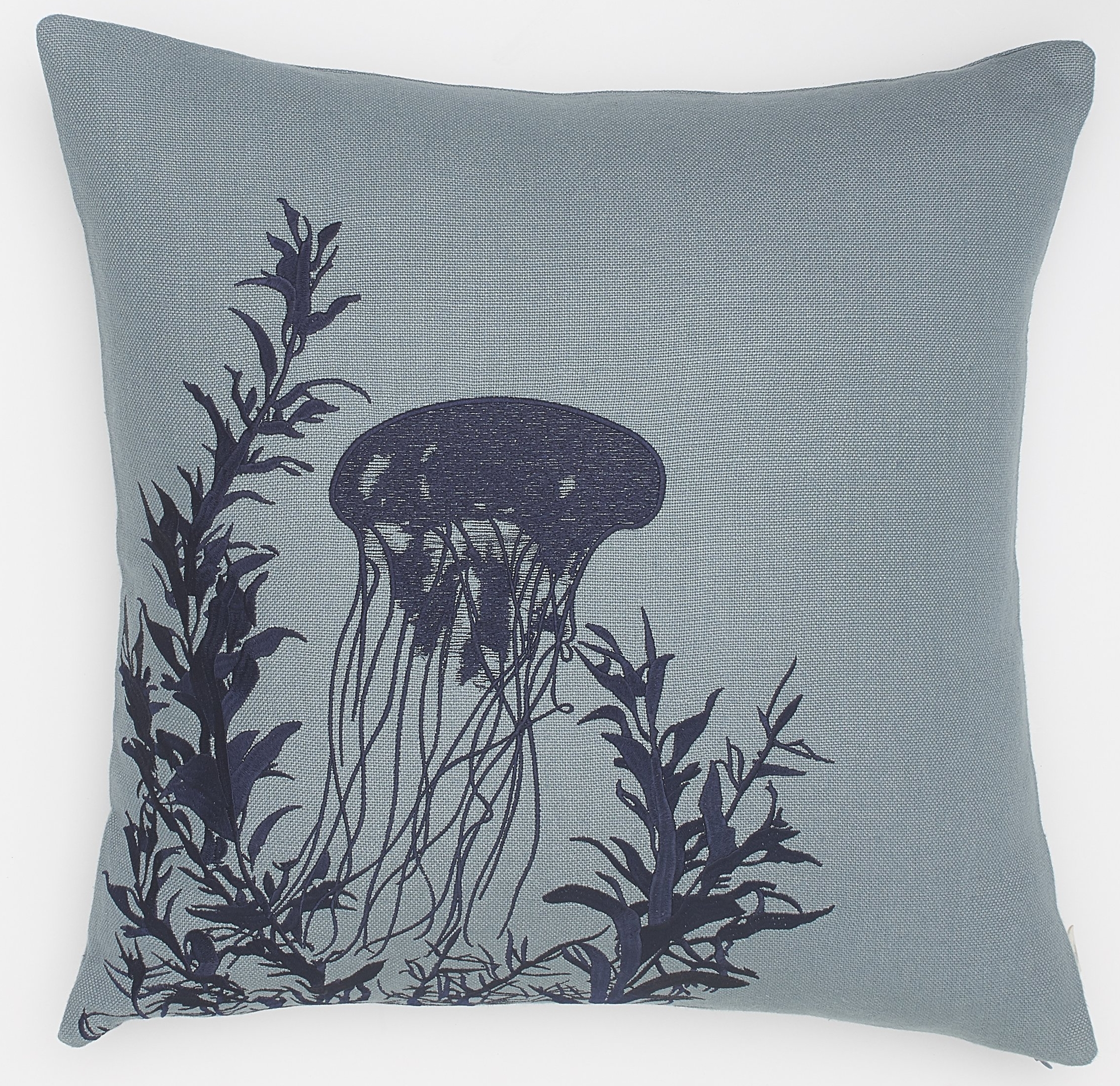 Embroidered Navy Jellyfish on Slate Blue Basketweave Belgium Linen Pillow