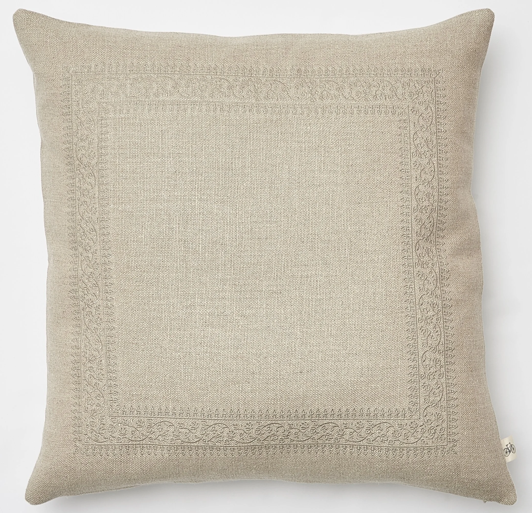 Embroidered Jaipur Frame in Natural on Natural Basketweave Belgium Linen Pillow