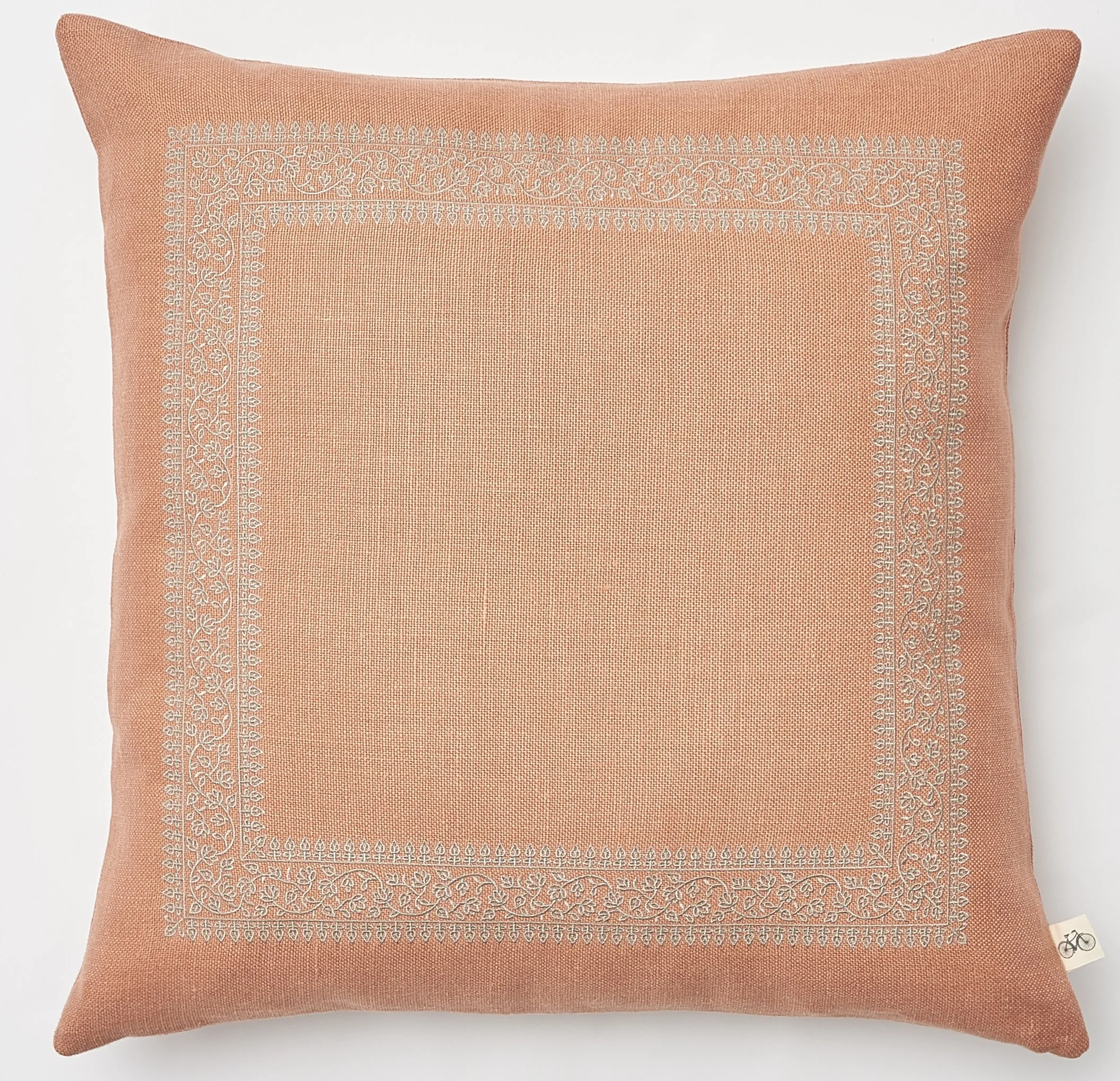 Embroidered Jaipur Frame in Natural on Apricot Basketweave Belgium Linen Pillow