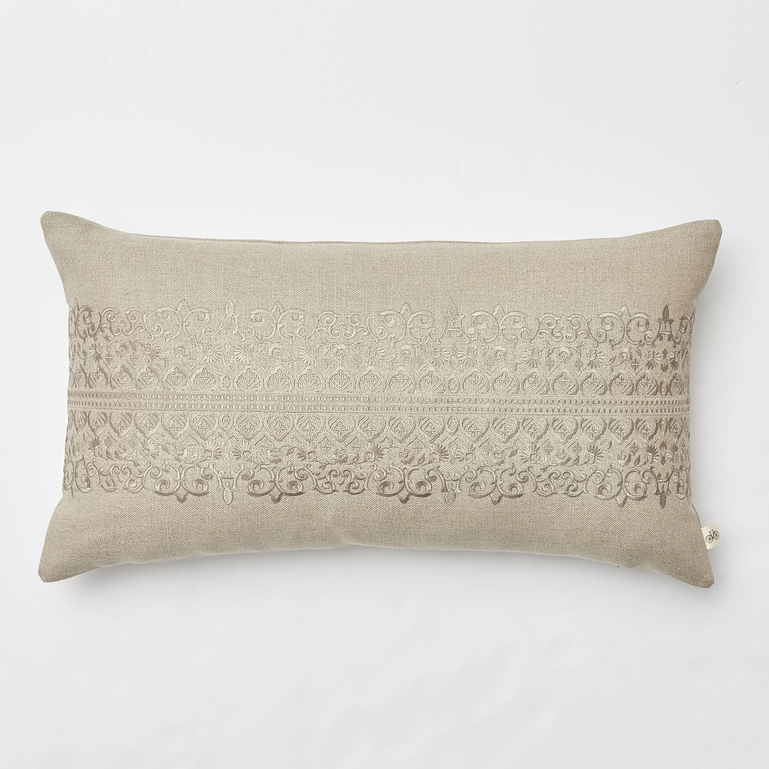 Tonal Embroidered Marrakesh Band on Natural Basketweave Belgium Linen Bolster Pillow