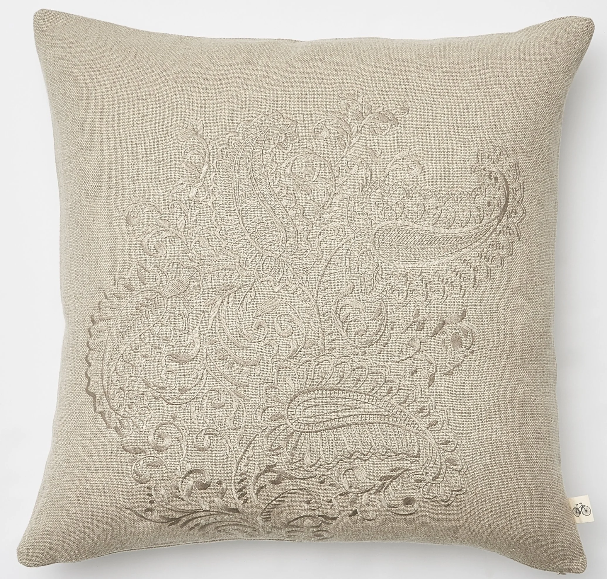 Tonal Embroidered Paisley Bouquet on Natural Basketweave Belgium Linen Pillow