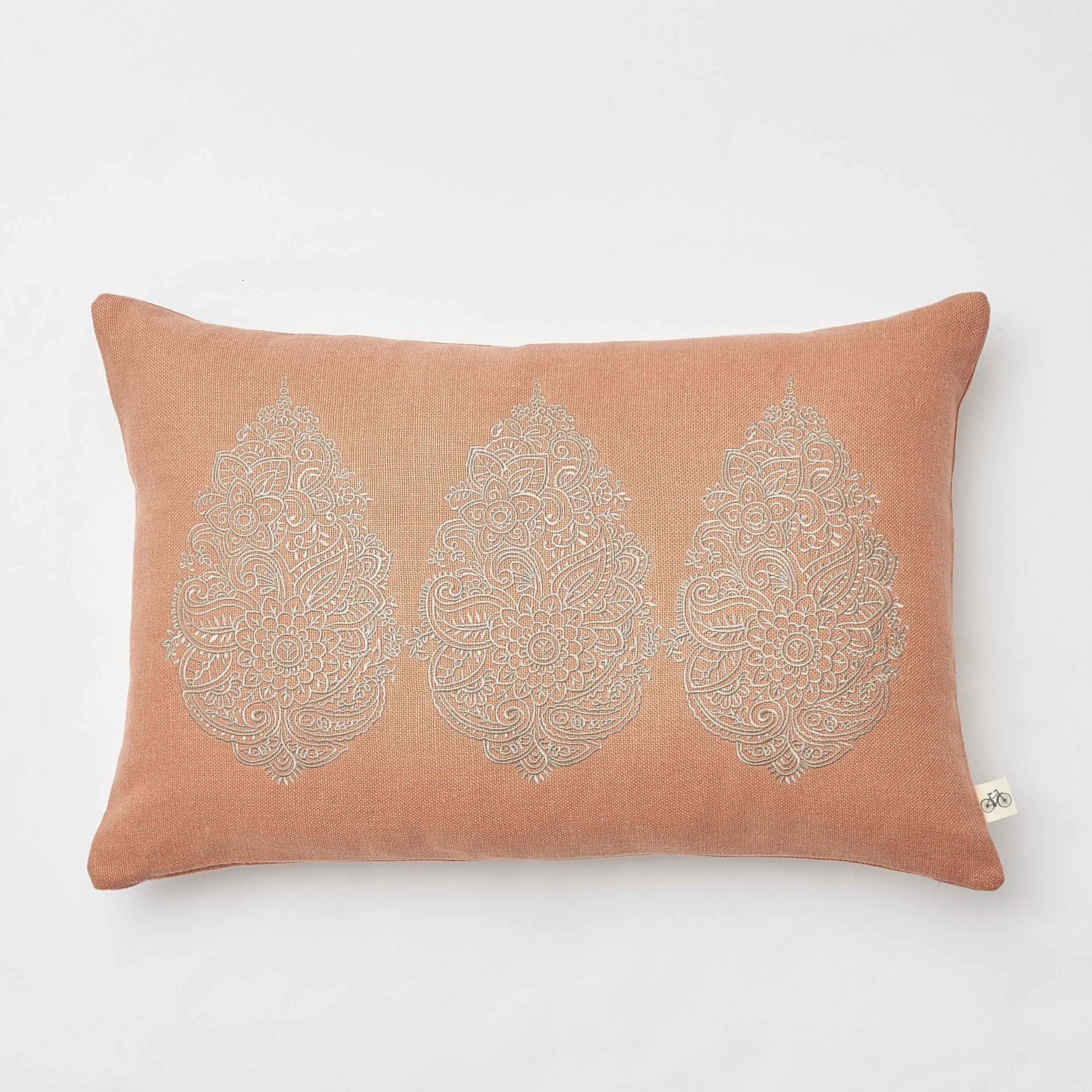 Triple Paisley Embrodiery in Natural on Apricot Basketweave Belgium Linen Pillow
