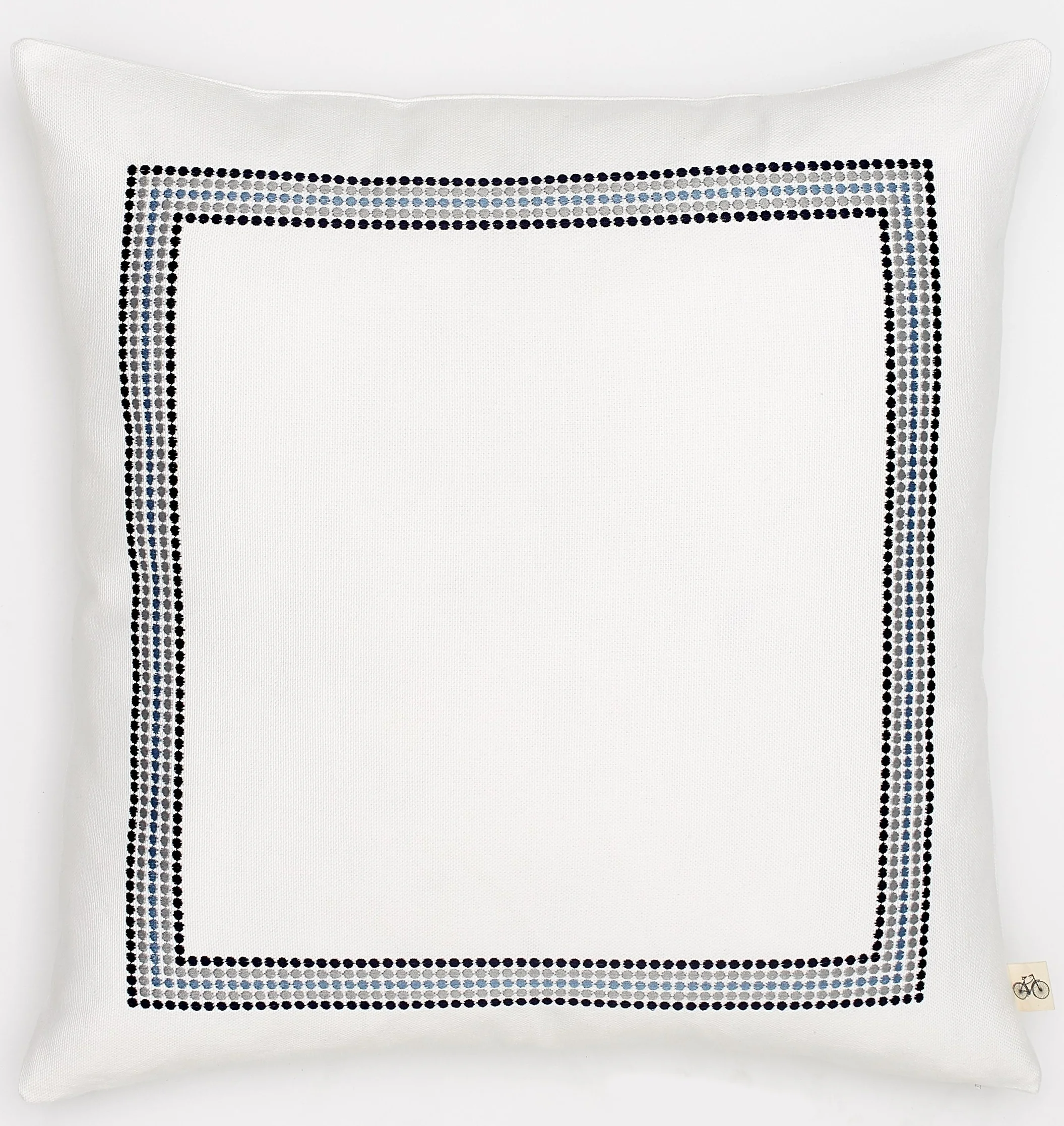 Embroidered Frame Dots in Slate, Navy, and Grey on White Basketweave Belgium Linen Pillow