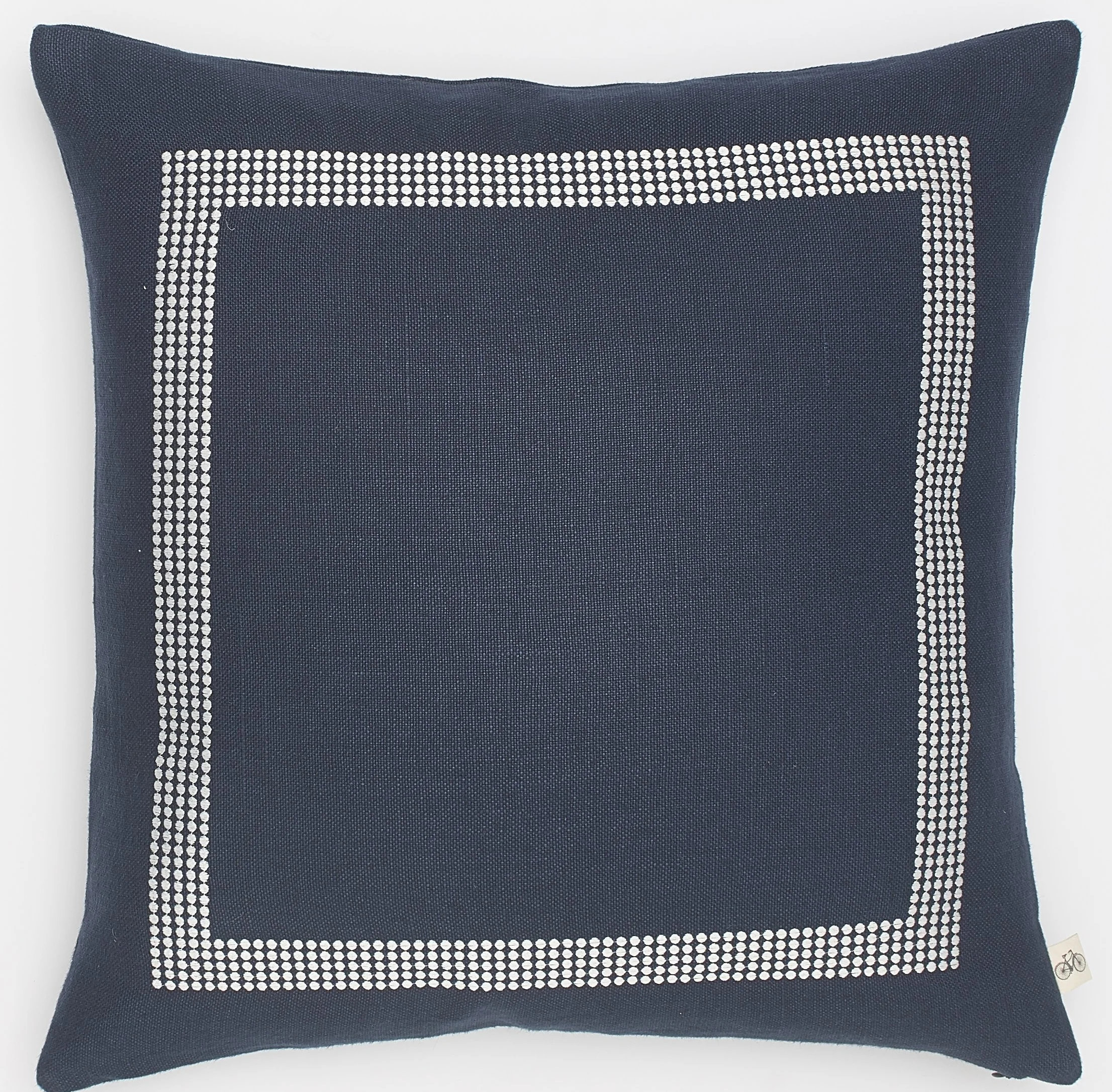 Embroidered White Frame Dots on Navy Basketweave Belgium Linen Pillow