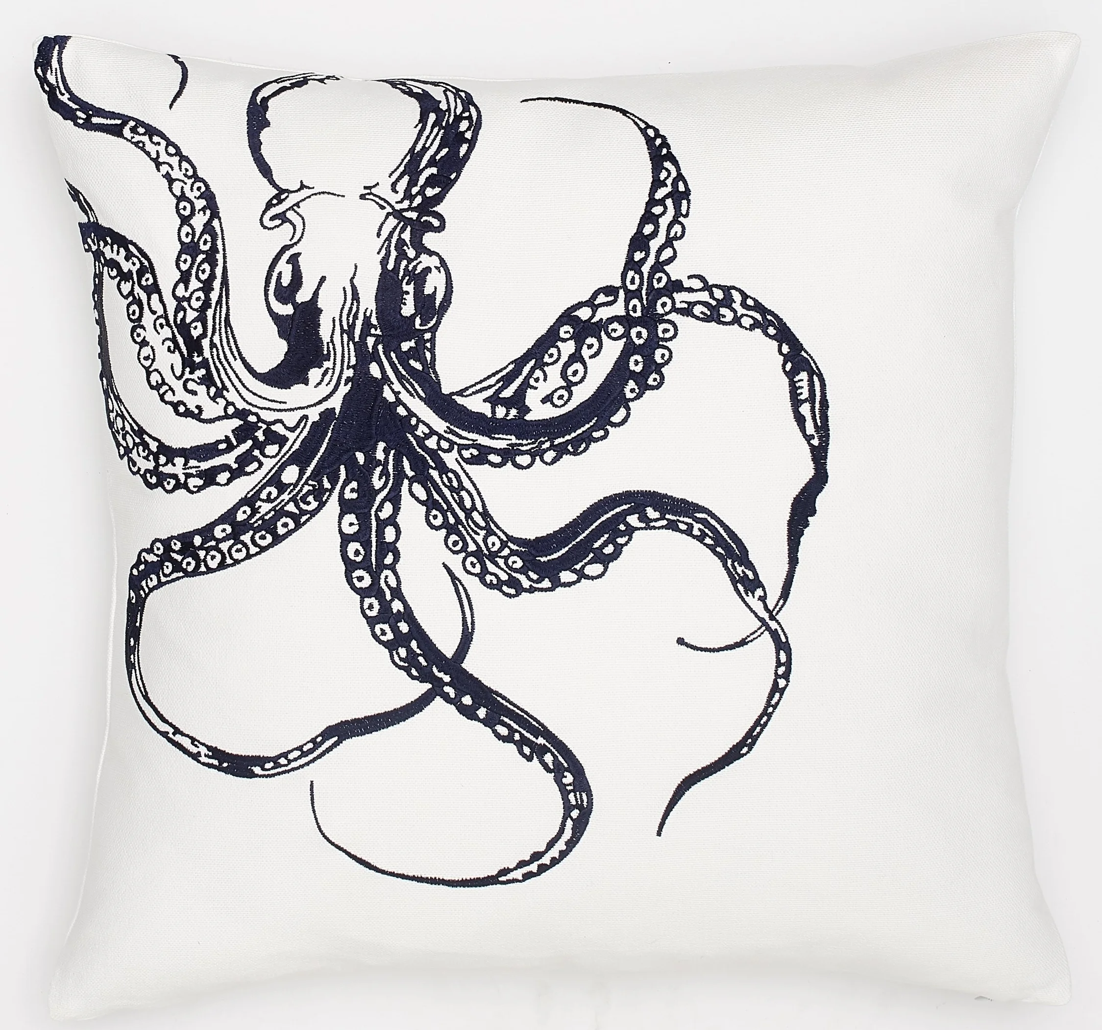 Embroidered Navy Octopus on White Basketweave Belgium Linen Pillow