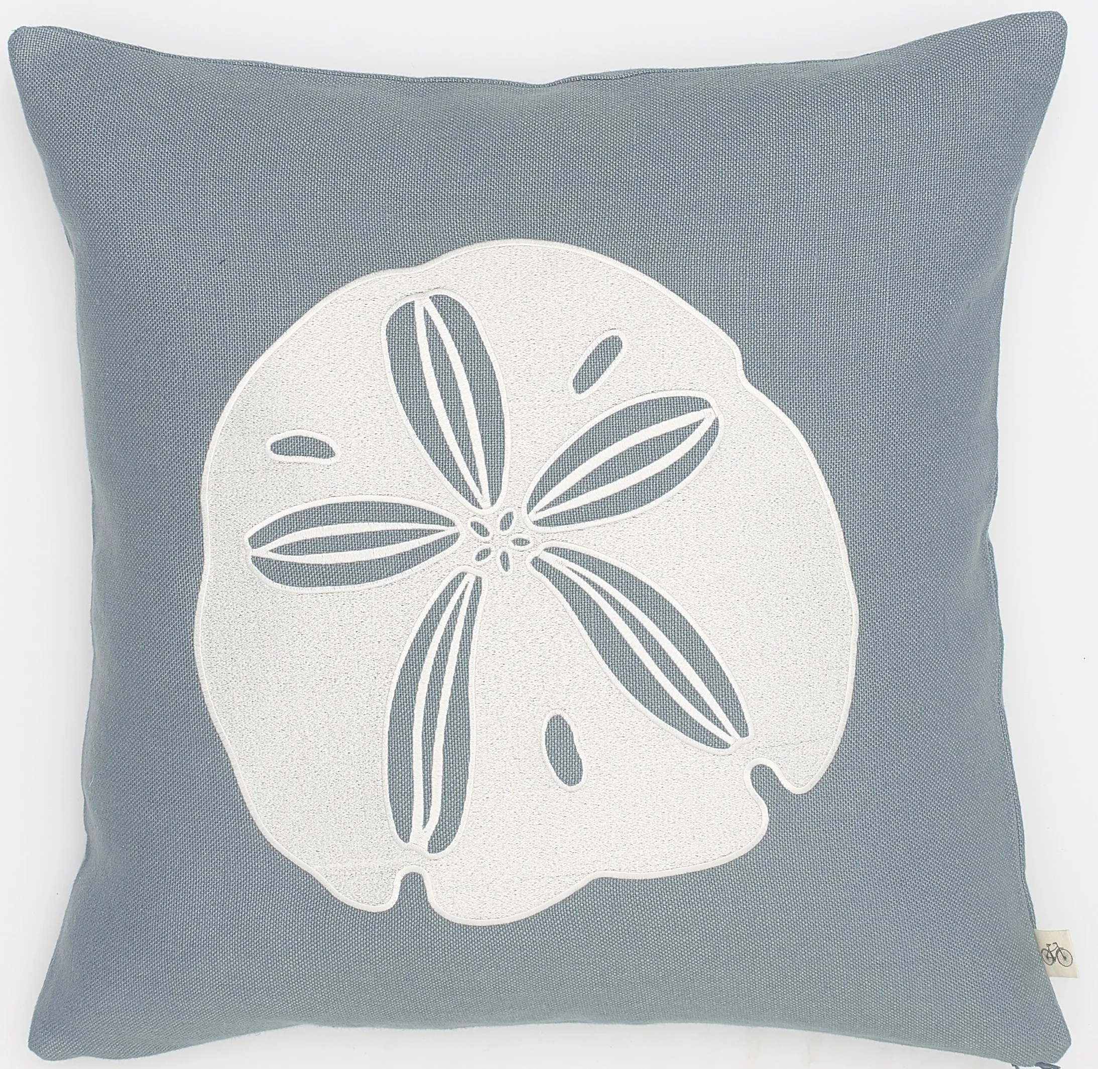 Embroidered White Sand Dollar on Slate Blue Basketweave Belgium Linen Pillow