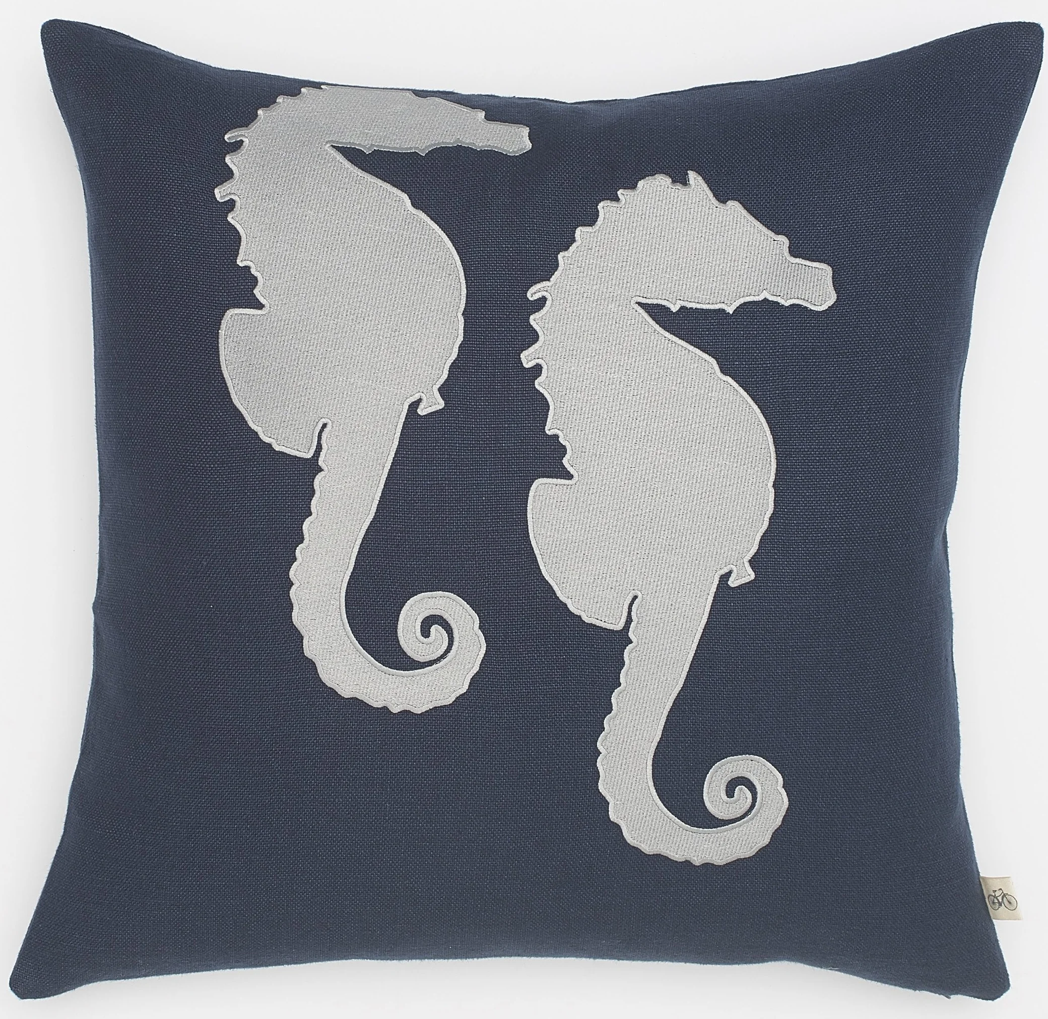 Embroidered Grey Sea Horses on Navy Basketweave Belgium Linen Pillow