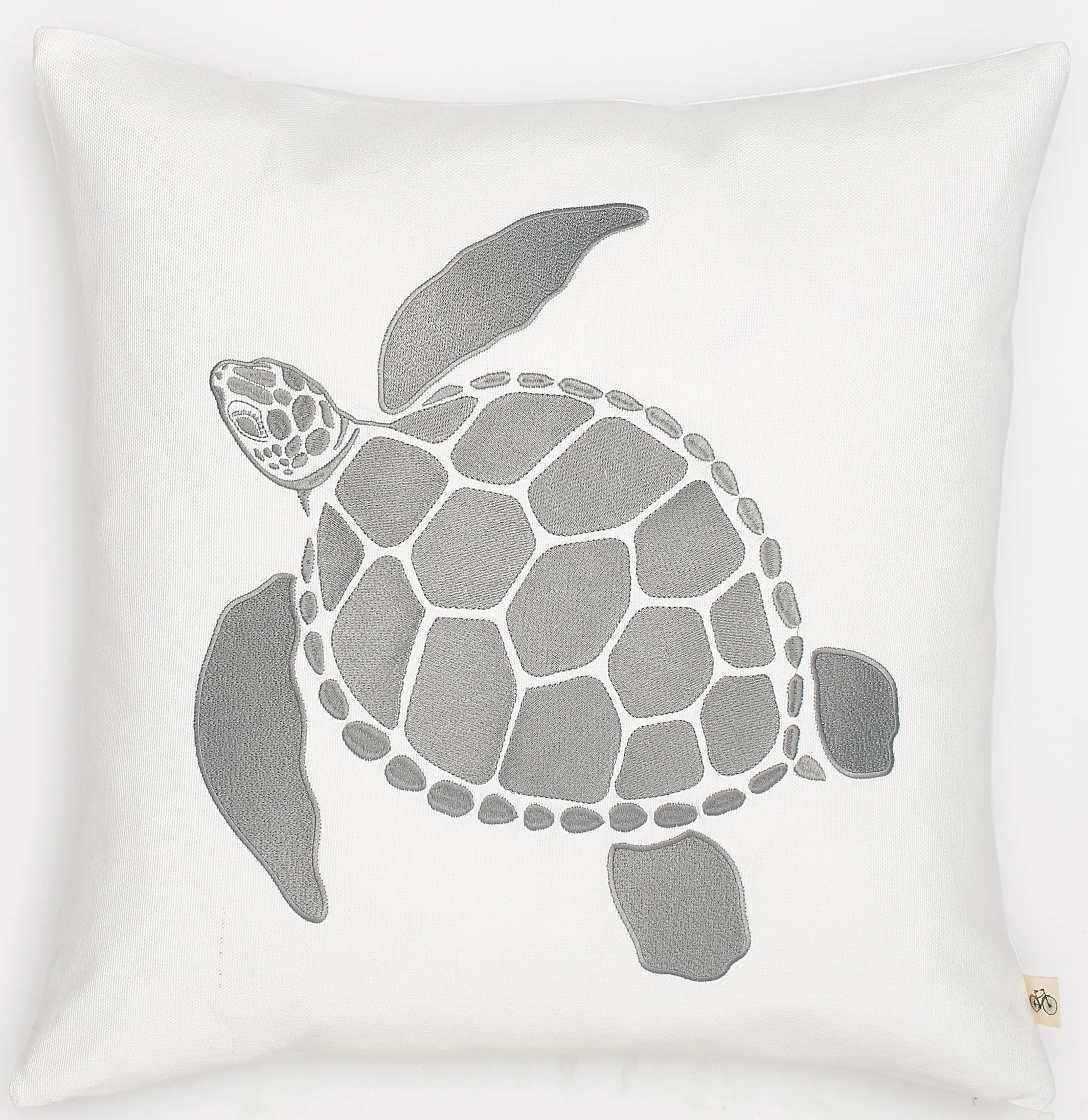 Embroidered Grey Sea Turtle on White Basketweave Belgium Linen Pillow