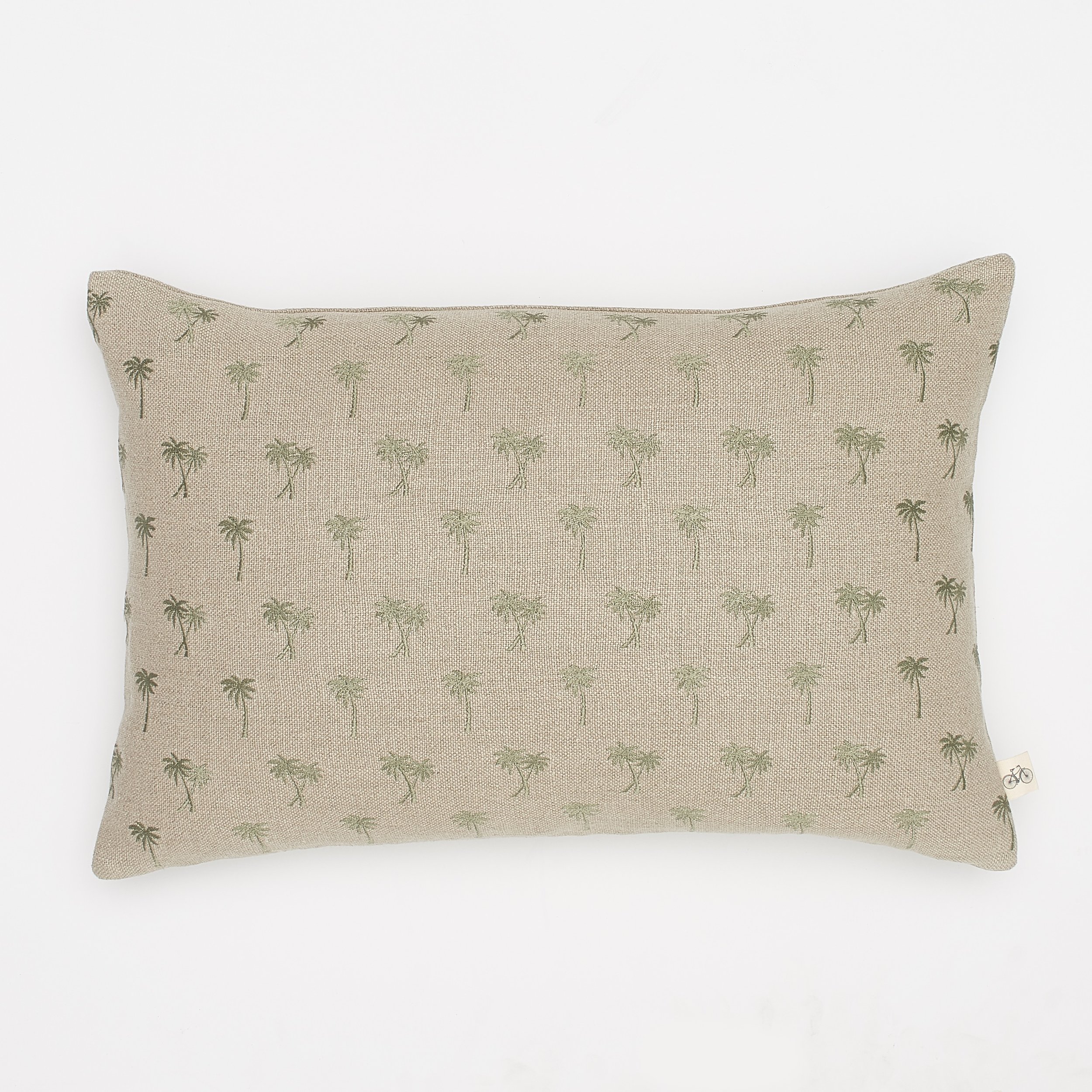 Embroidered Sage Palm Trees on Natural Basketweave Belgium Linen Lumbar Pillow