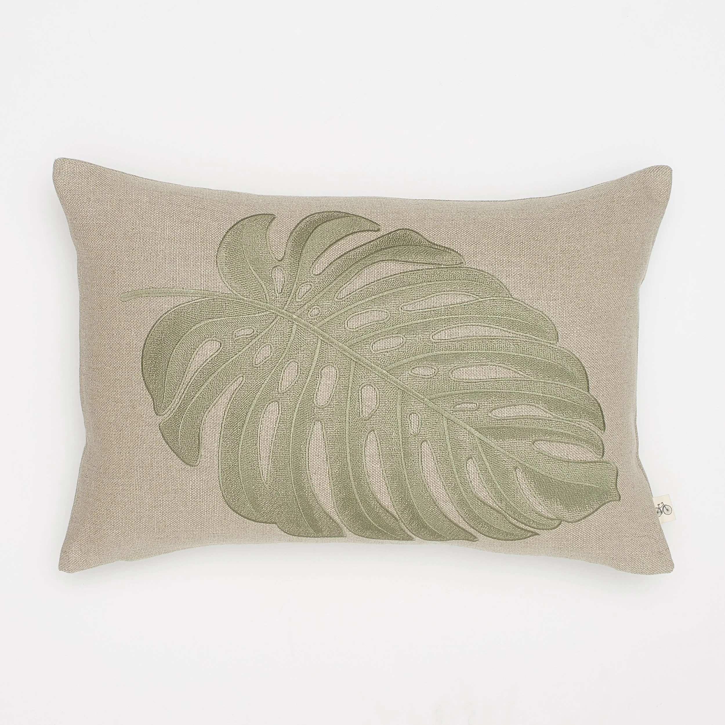 Embroidered Sage Philodendron Leaf on Natural Basketweave Belgium Linen Lumbar Pillow
