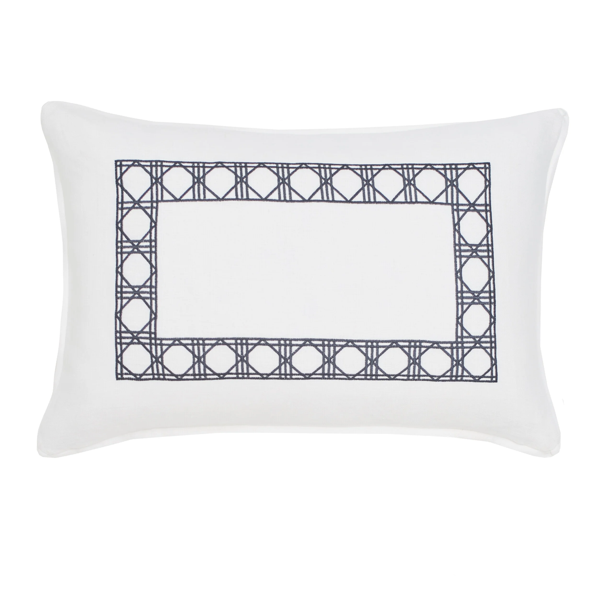 Washed White Belgium Linen with Navy Caning Frame Lumbar Pillow