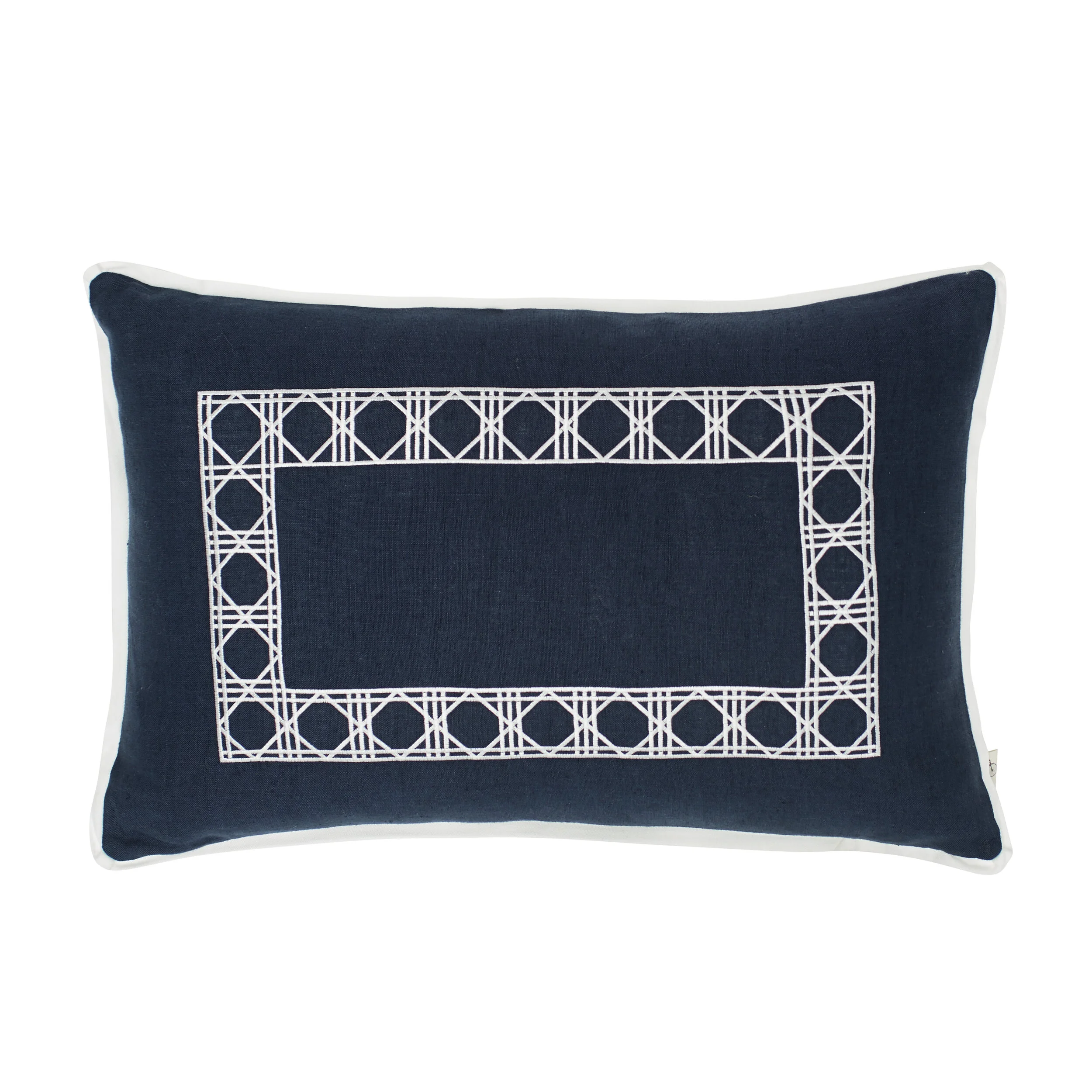 Washed Navy Belgium Linen with White Caning Frame Lumbar Pillow