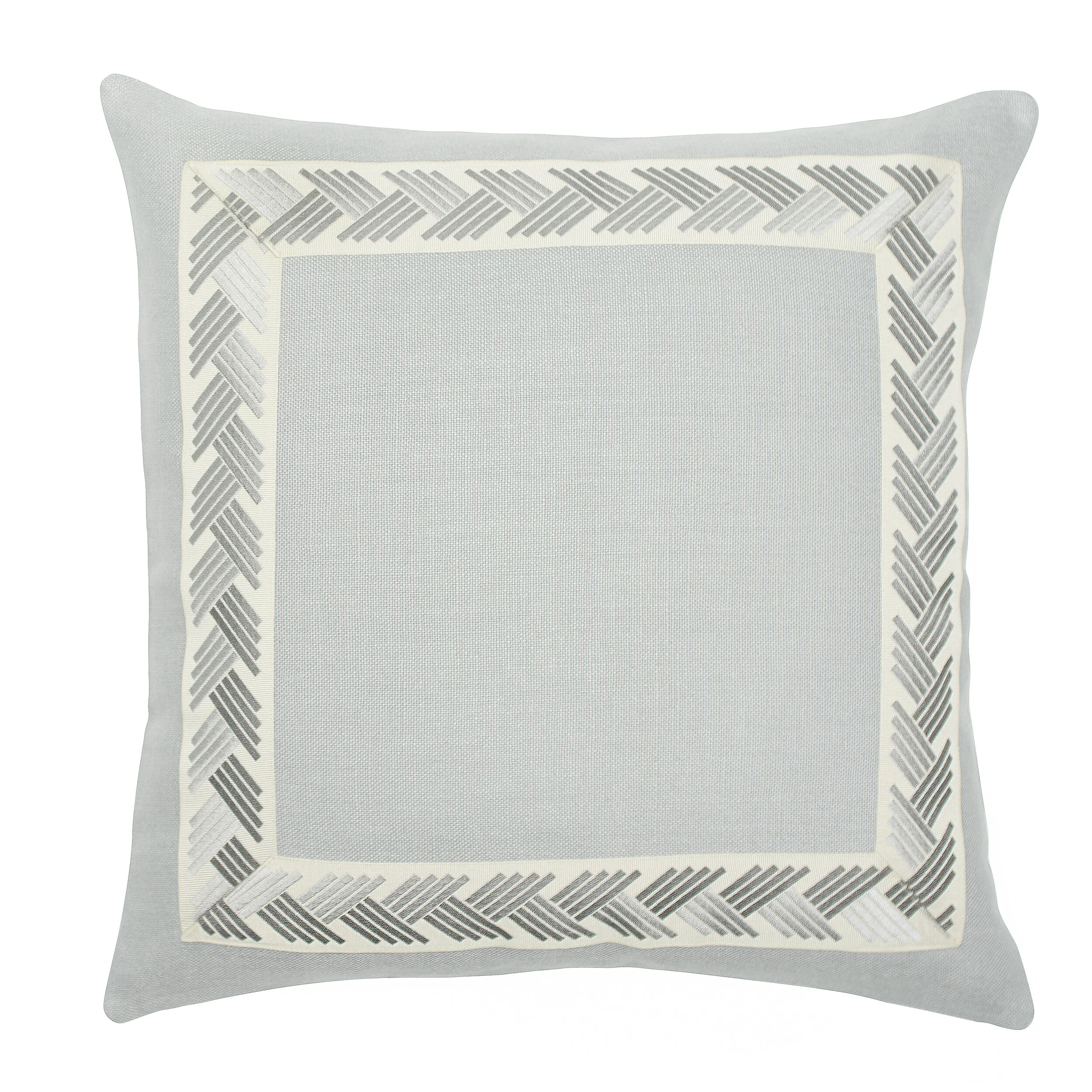 22" Grey Basketweave Belgium Linen with Grey & Natural Shadow V Appliqué Tape Pillow