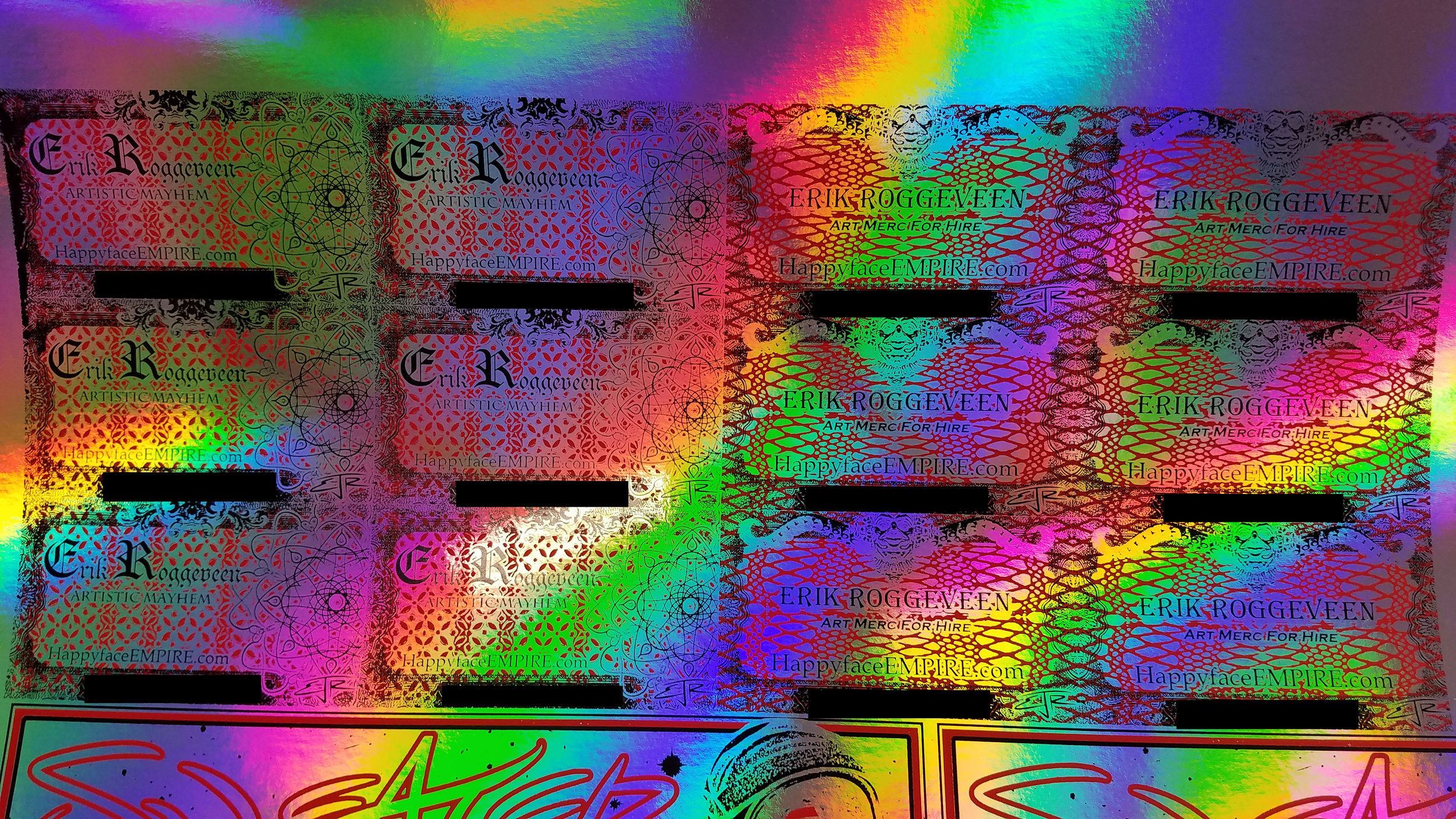 Original business card art for EJR's black cards, tested on foil.