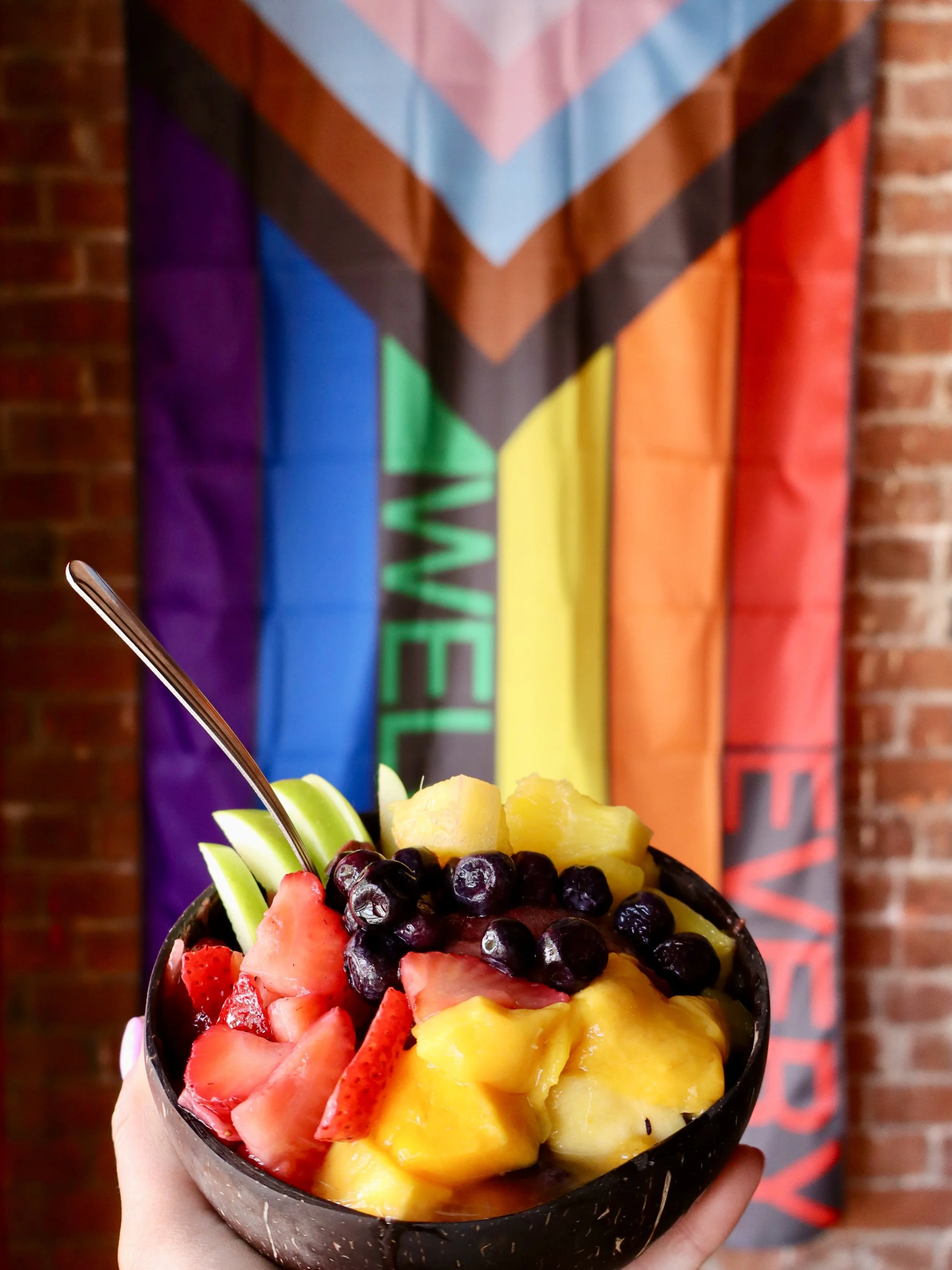 Celebrate Pride Month with this colorful creation 🌈🥣available at @perkonmain and all @drinkpedals locations! 

Made with a refreshing a&ccedil;a&iacute; base and topped with strawberries, mango, pineapple, green apple, and blueberries, this bowl is