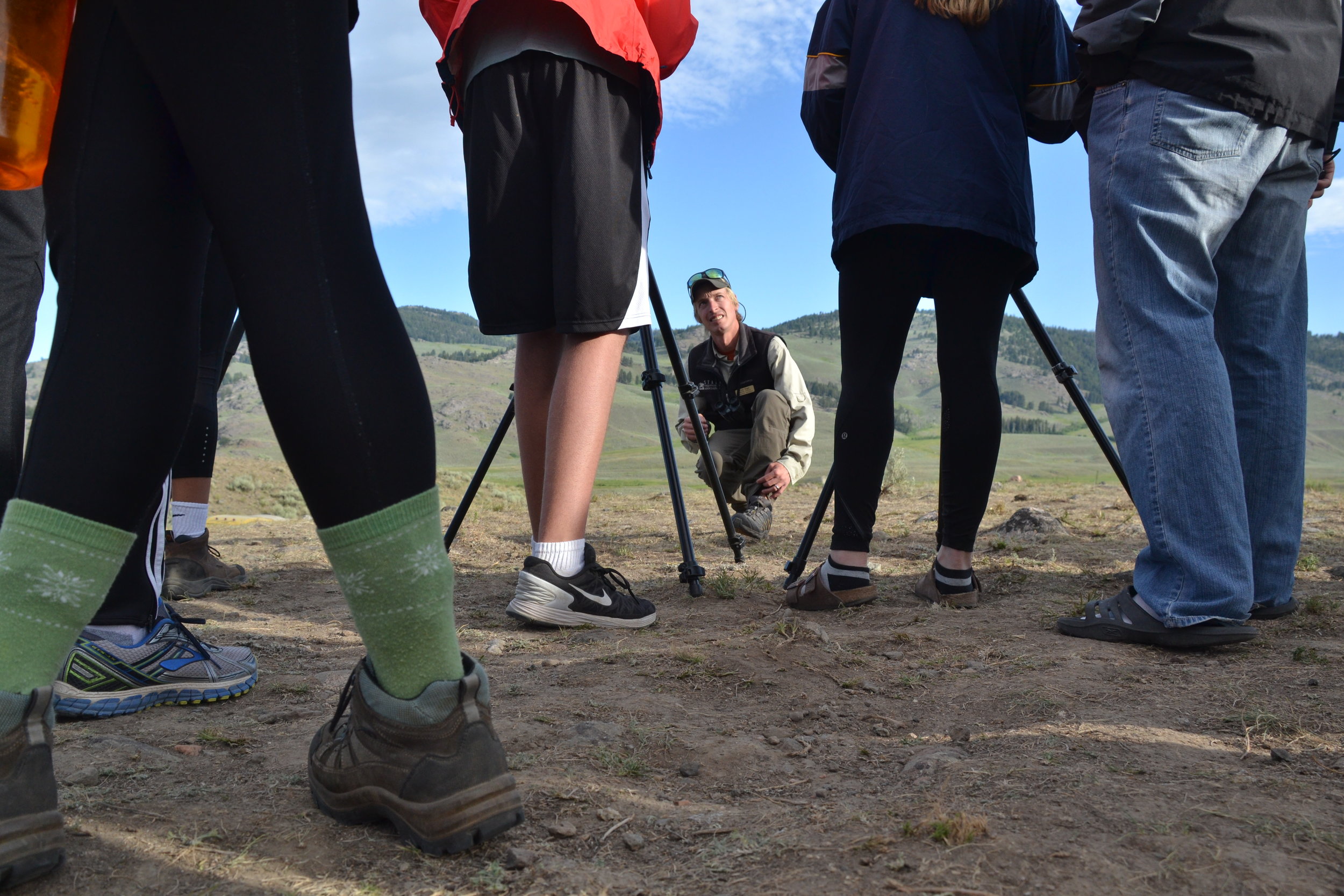  Yellowstone National Park tour guide, Cory, bends down to prevent blocking the view of the scopes he brought for a tour group to see some local wolves up close. Cory takes tour groups around the park to see animals, admire the beauty of the park and