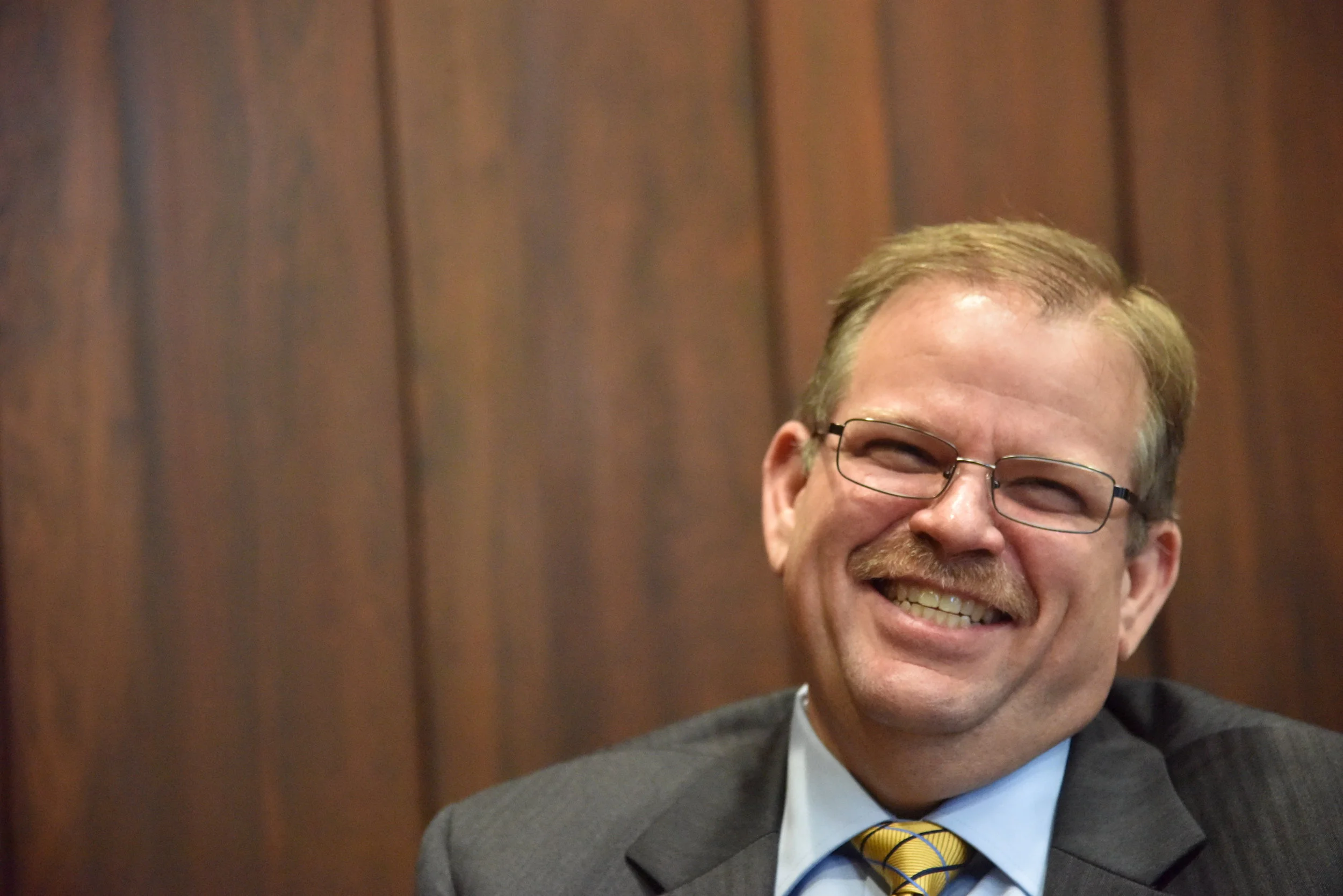  Dr. Alexander Cartwright laughs during an interview in August 2017. Cartwright served as University of Missouri chancellor from 2017 to 2020. Before working at MU, he served as provost and executive vice chancellor of the State University of New Yor