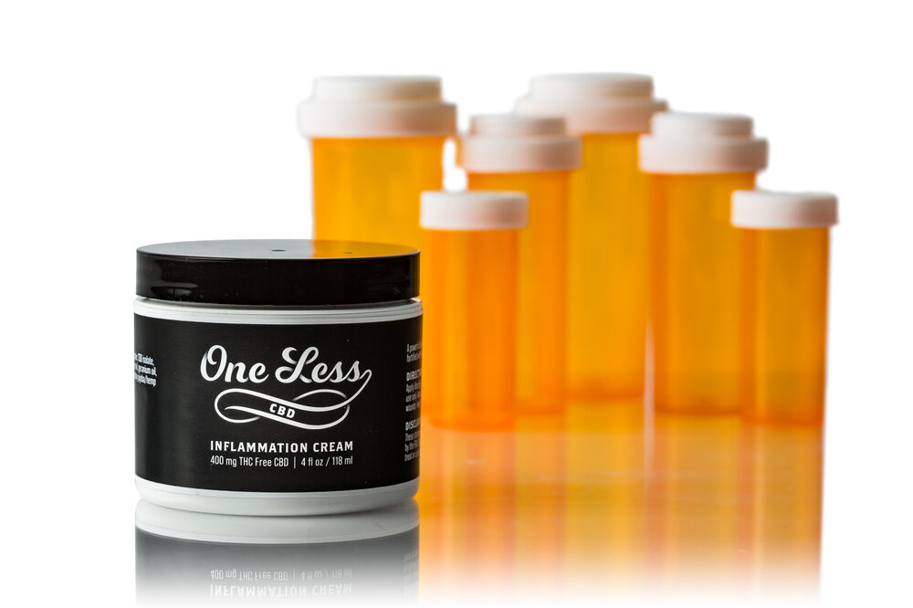 One Less CBD product photography with prescription bottles